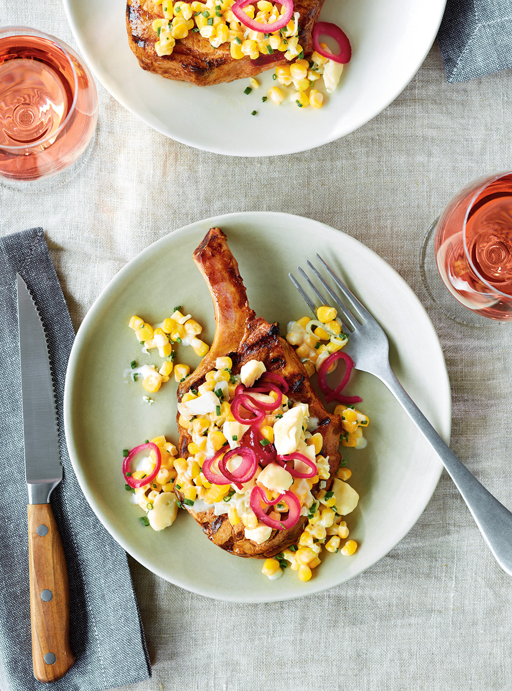 Pork Chops with Corn, Pickled Onion and Cheese Curds