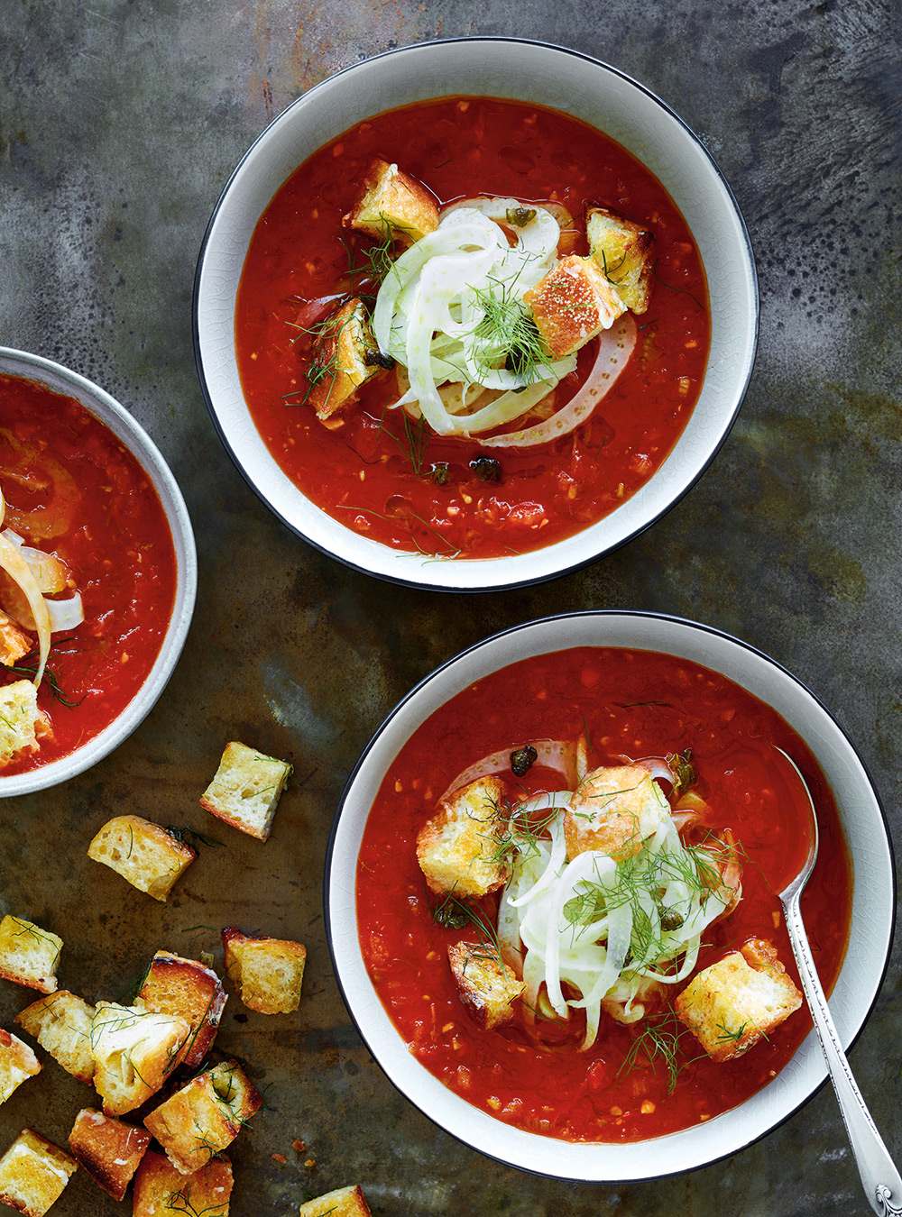 Tomato Soup with Parmesan Croutons and Fennel Salad
