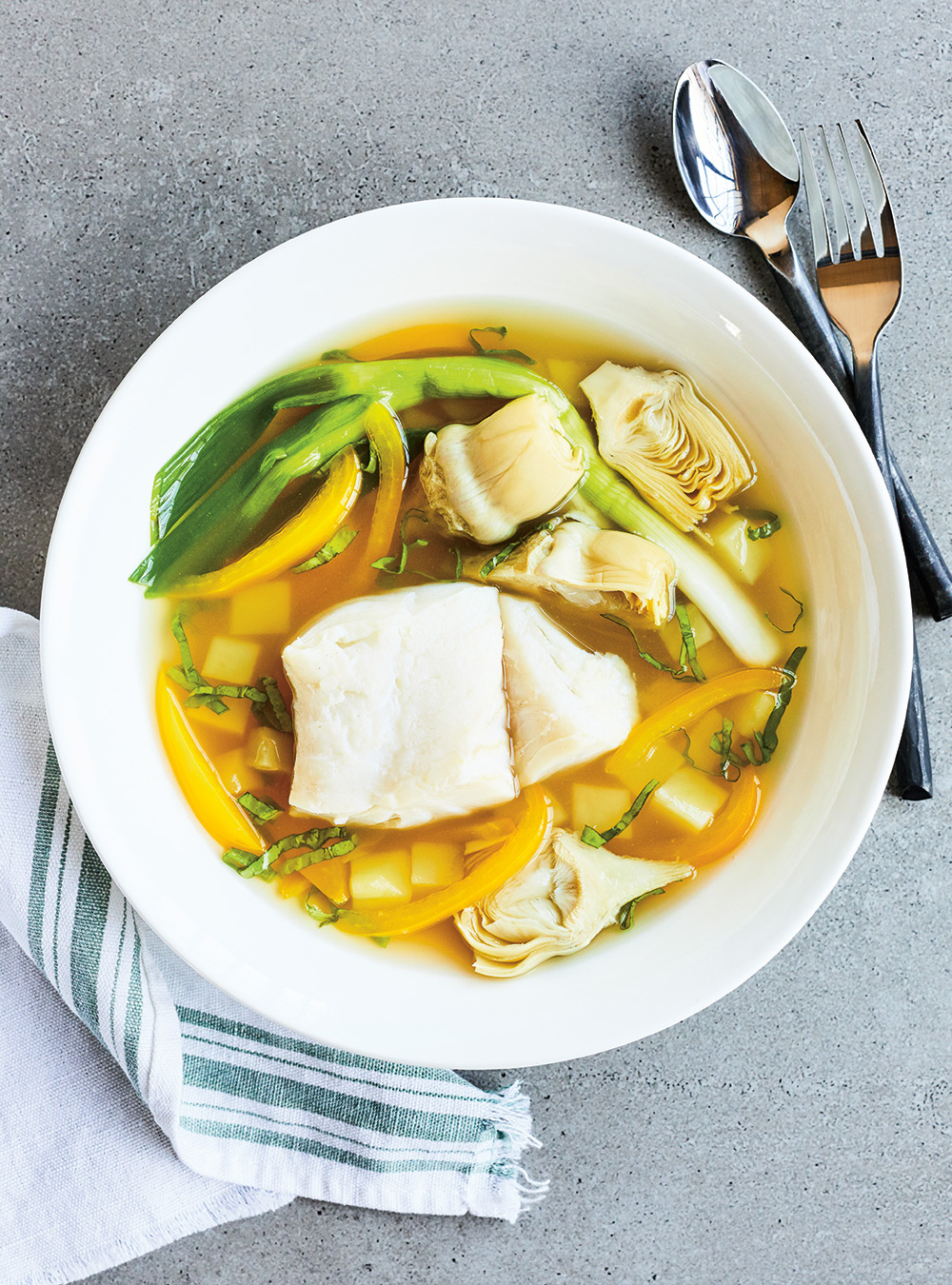 Poached Cod with Vegetables and Sorrel