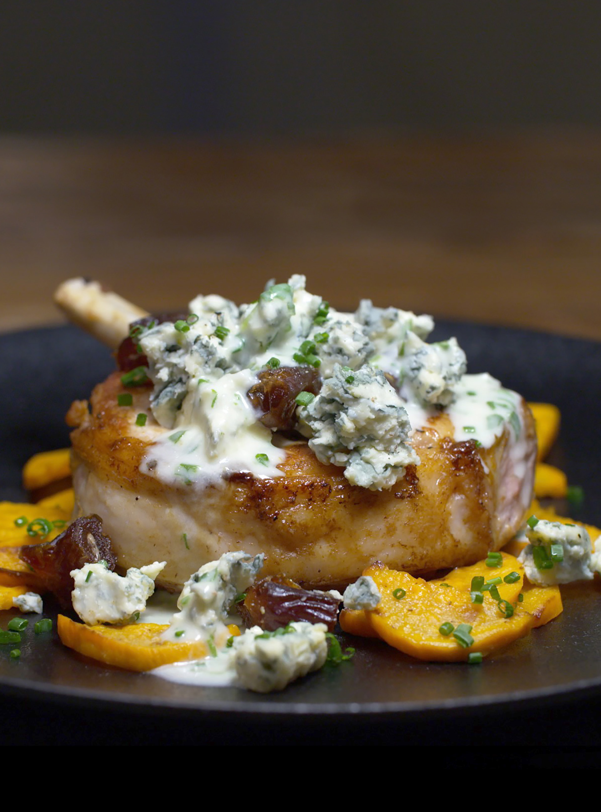 Pork Chops with Blue Cheese and Dates