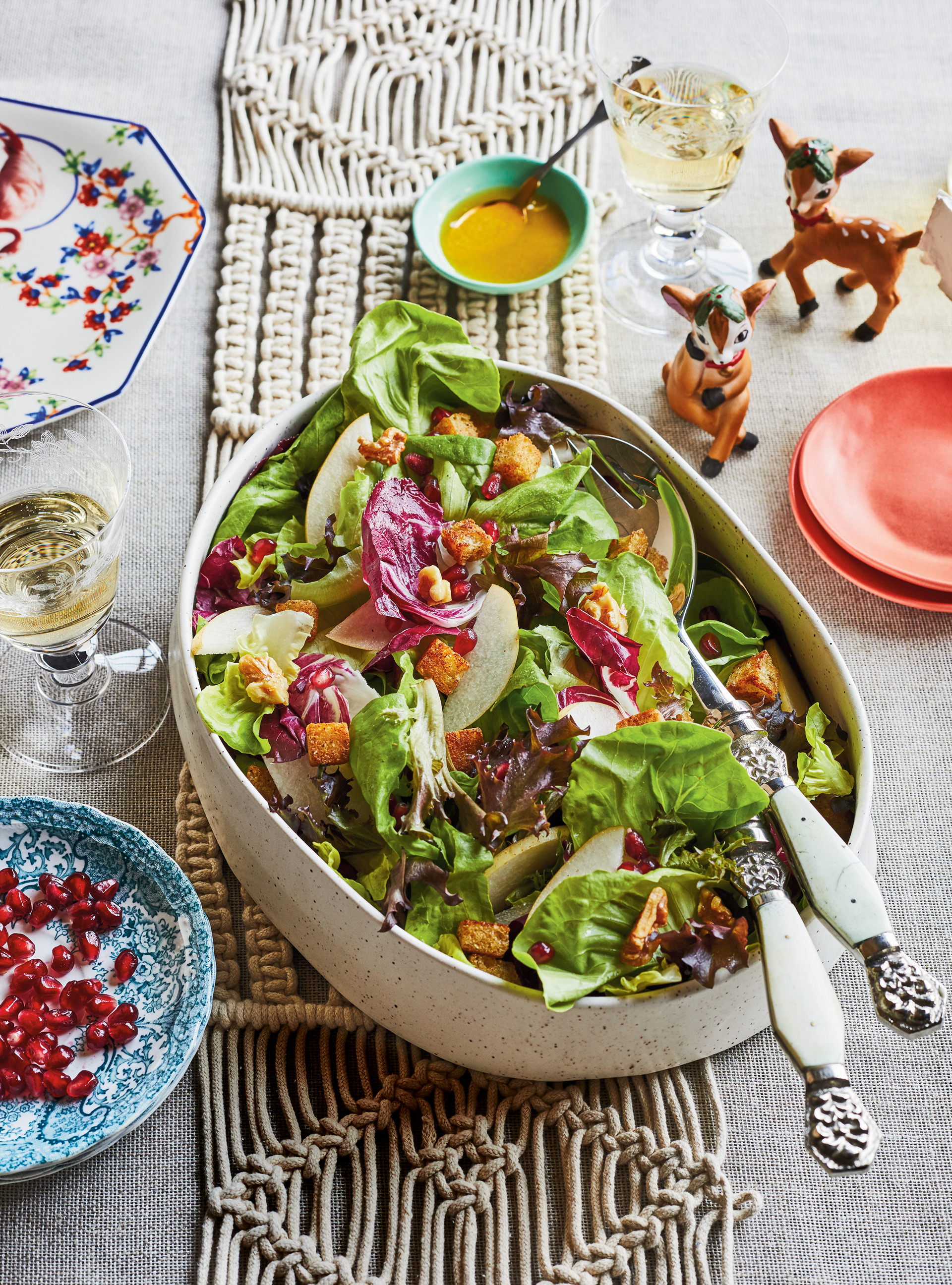 Crunchy Green Salad with Pear, Pomegranate and Spiced Croutons