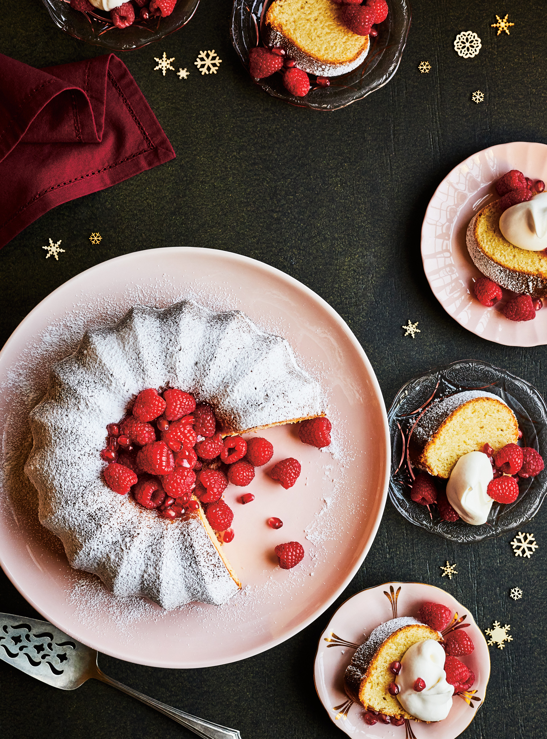Coconut Bundt Cake with Raspberries and Pomegranate Seeds