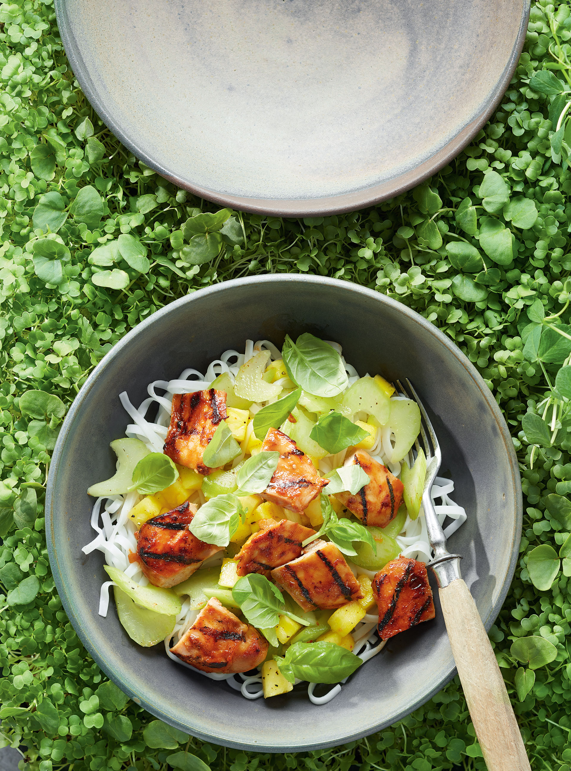Barbecue Chicken Bowl with Celery and Pineapple Salad