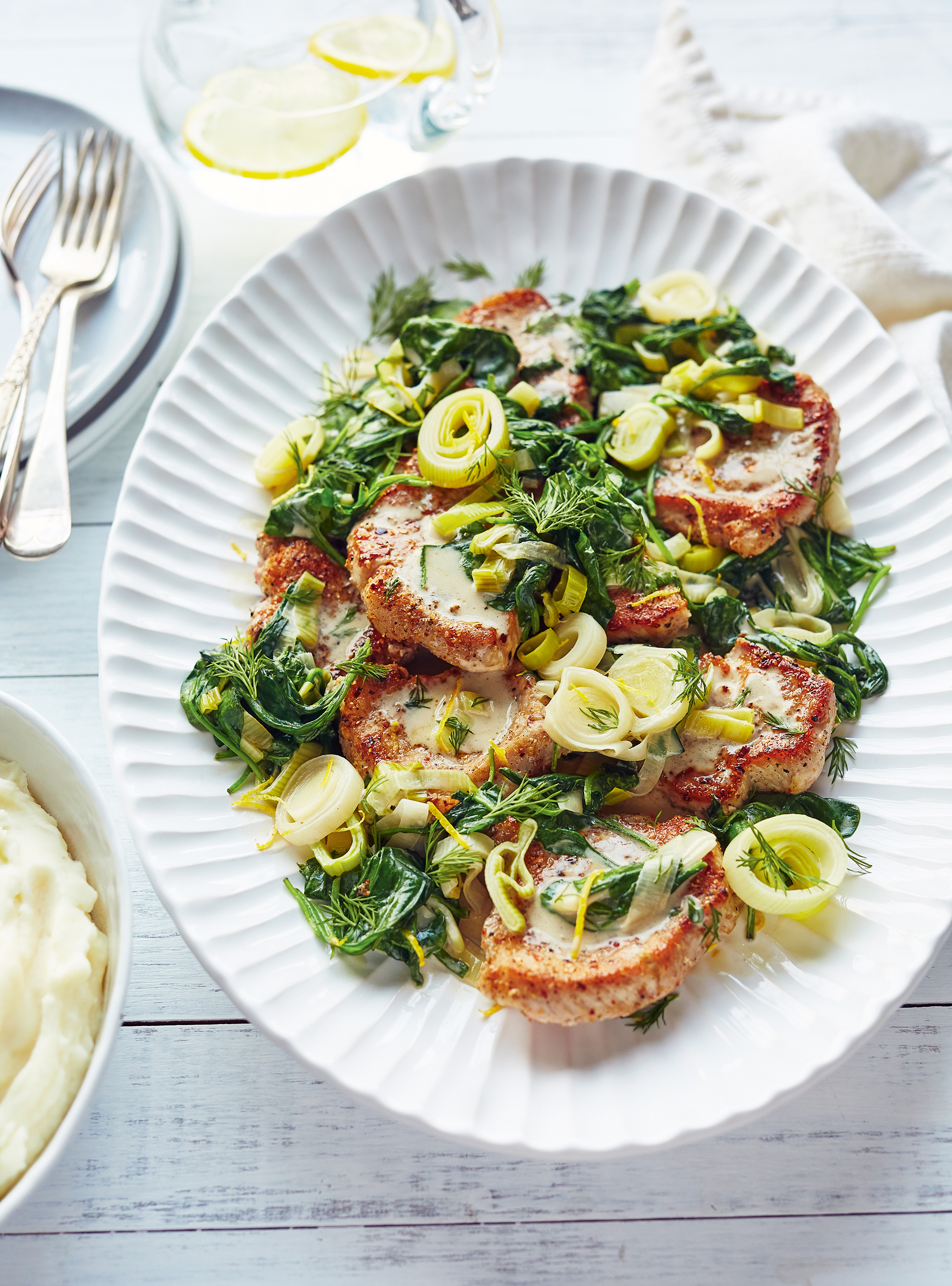 Pork Medallions with Wilted Leeks and Spinach