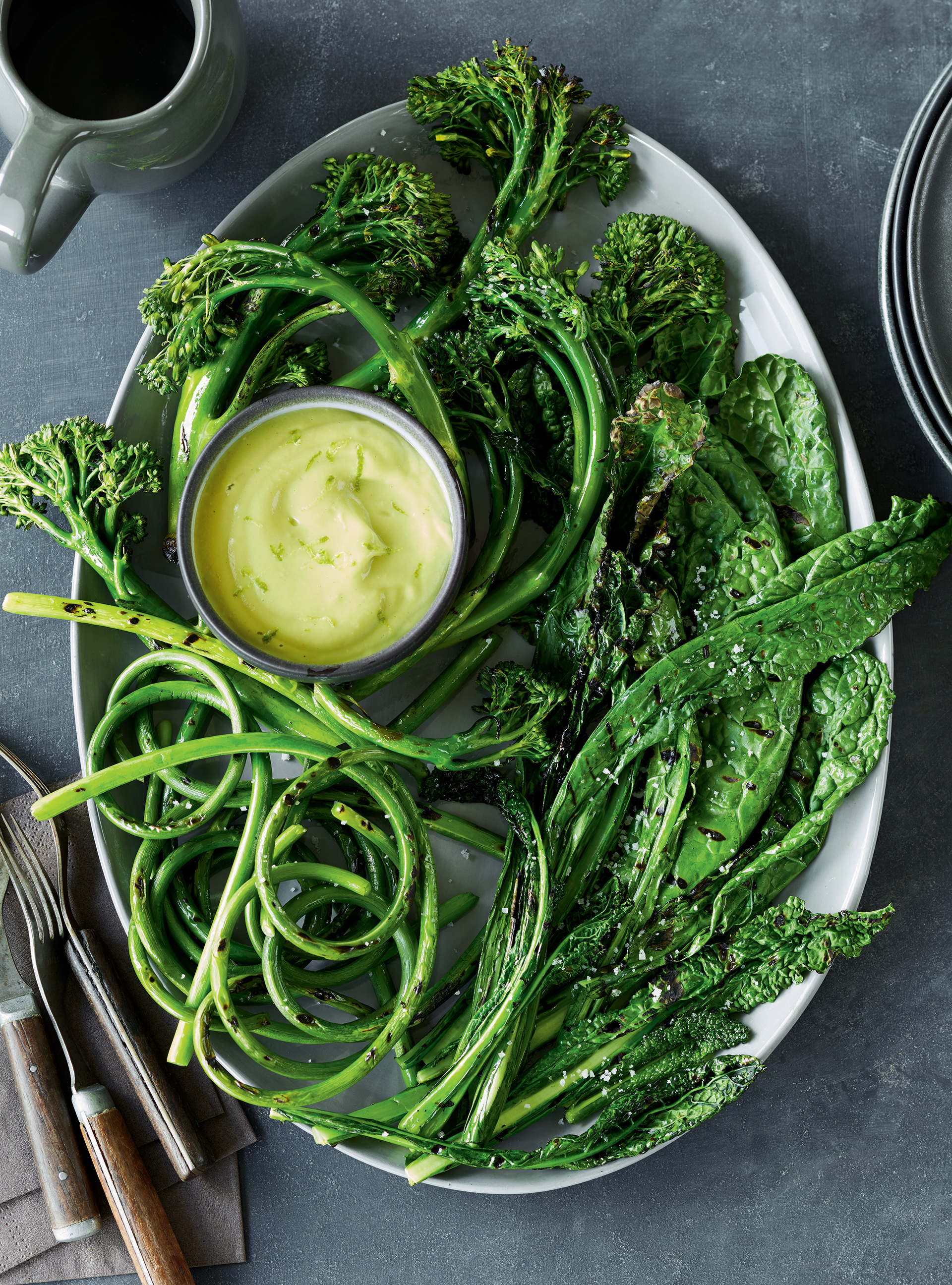 Grilled Green Vegetable and Garlic Scape Platter with Avocado Dip