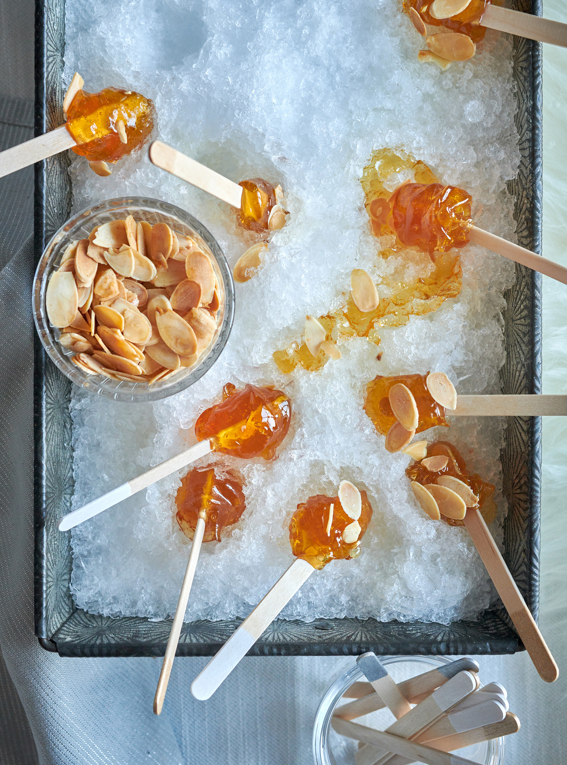 Spiced Maple Taffy on Snow with Almonds