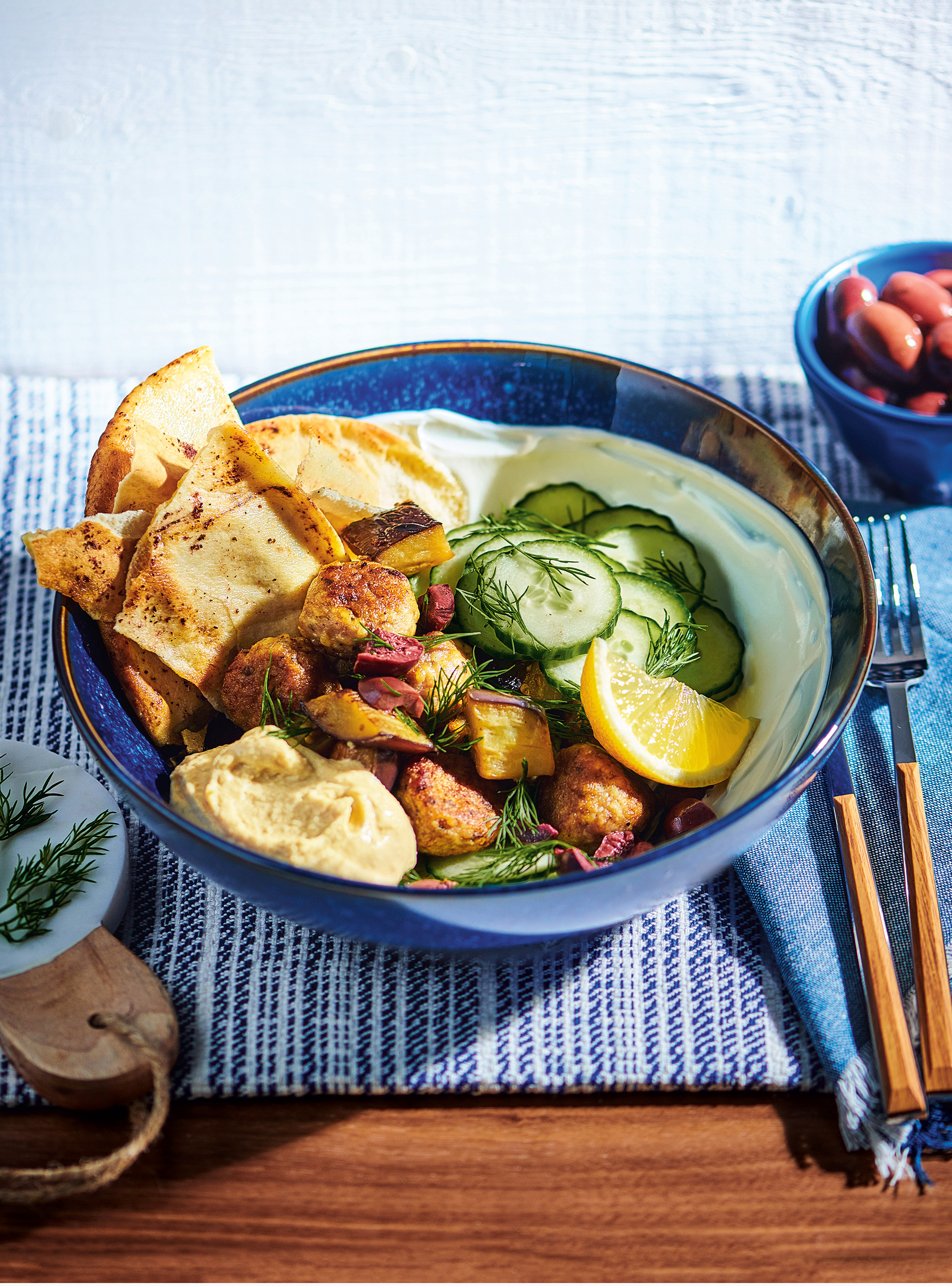 Chicken and Roasted Eggplant Bowls with Sumac Pita Chips and Yogurt
