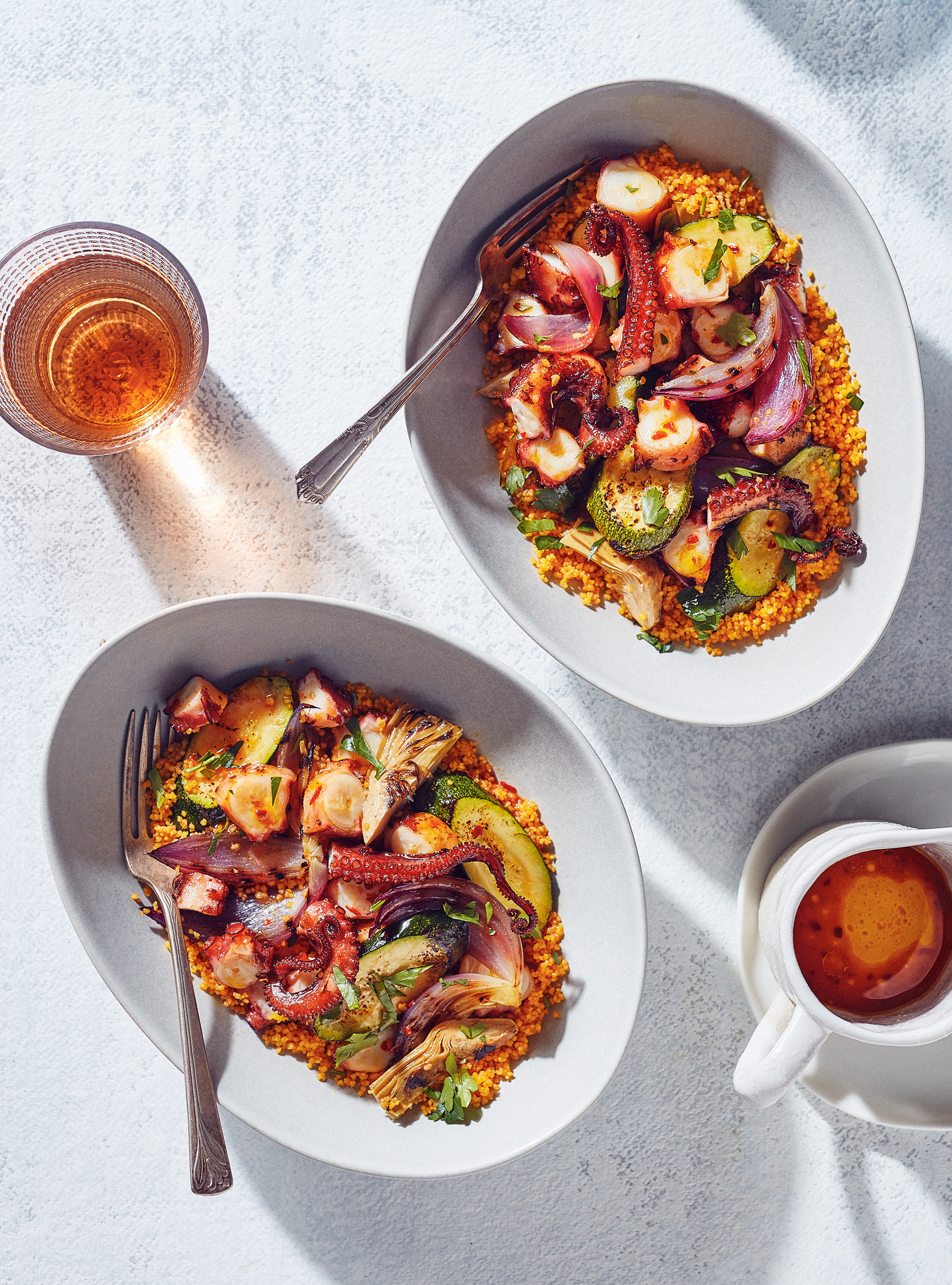 Grilled Octopus and Vegetable Salad with Carrot Juice Couscous