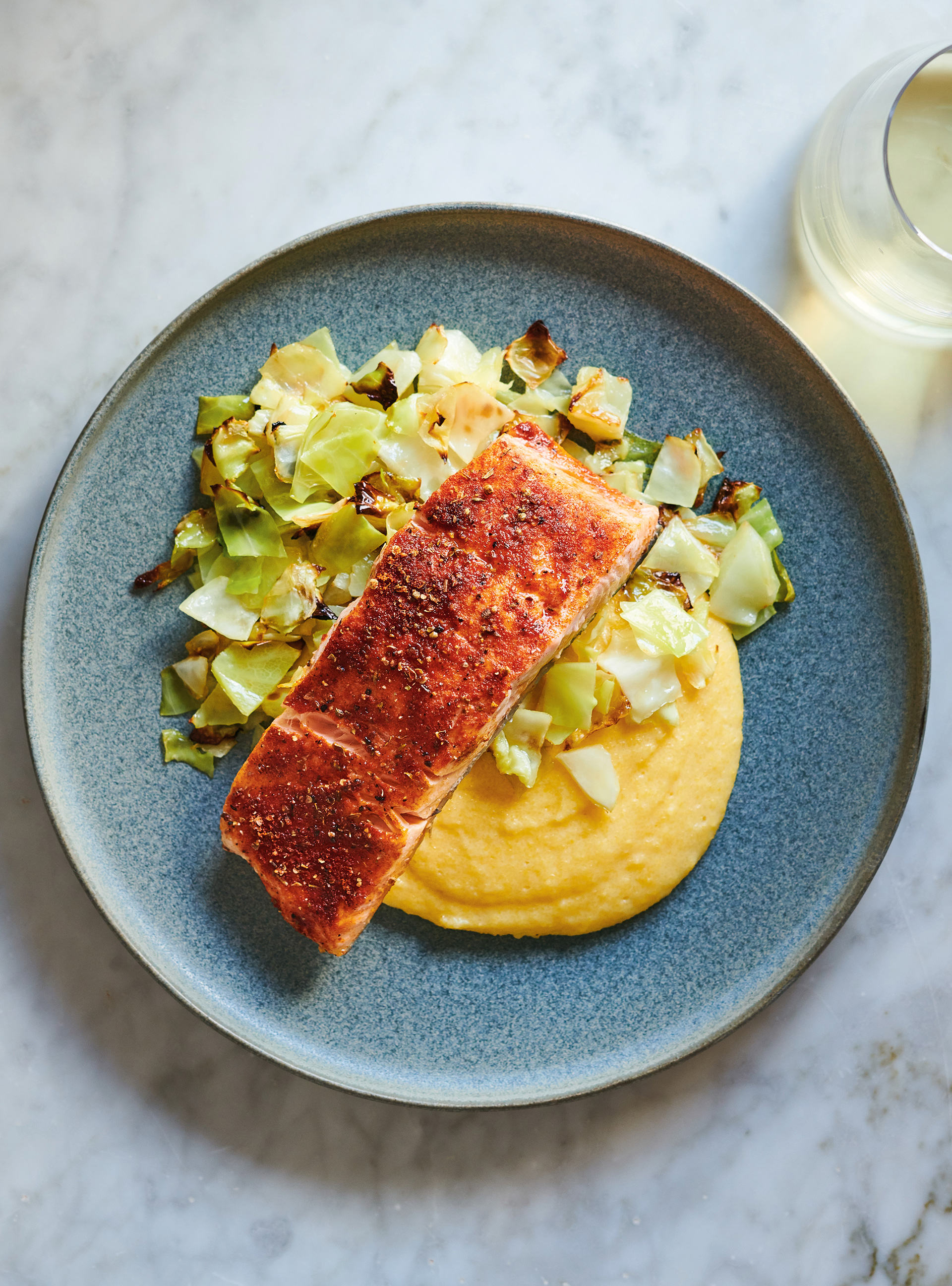 Cajun-Spiced Salmon and Cabbage with Polenta