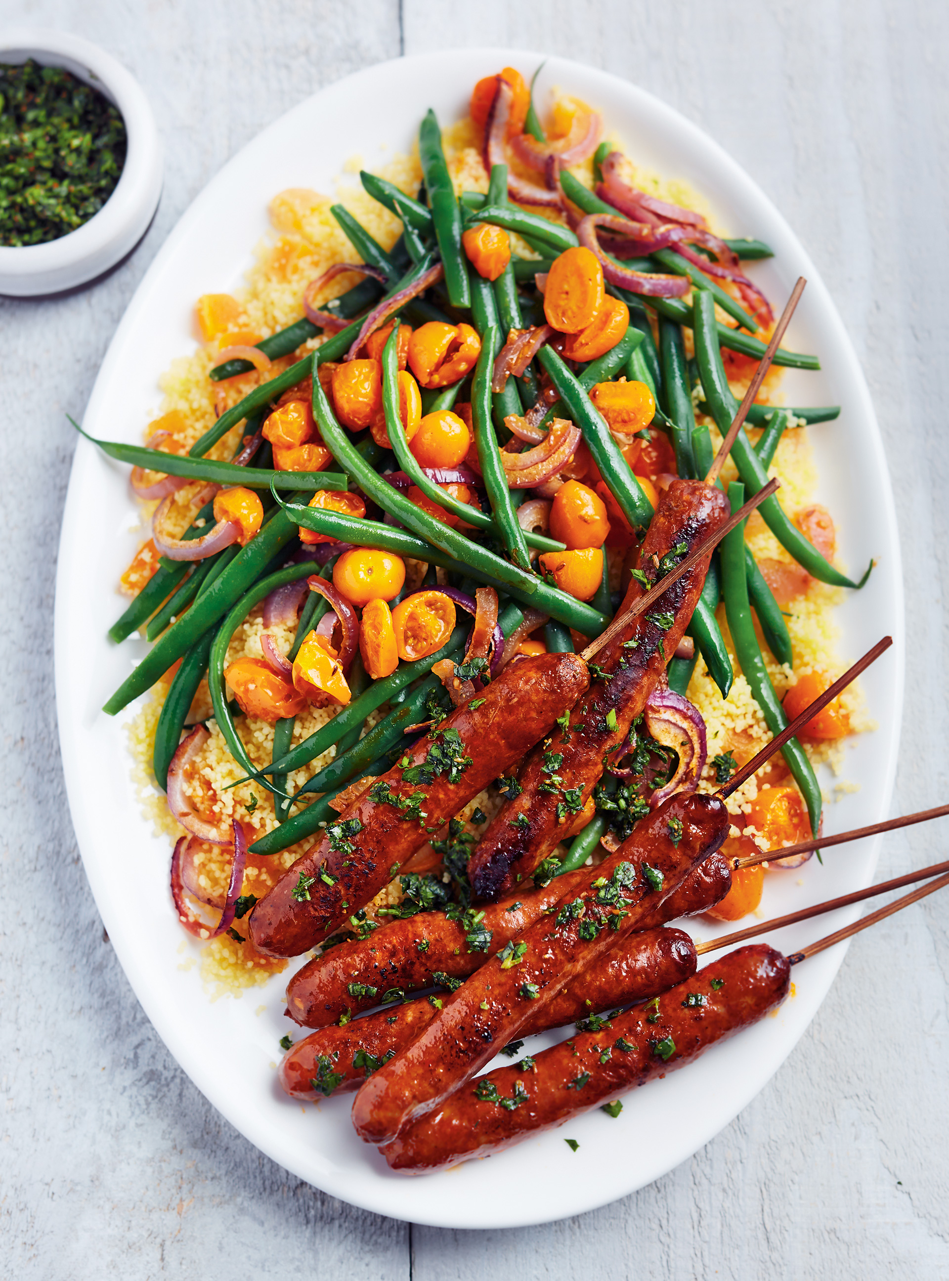 Warm Couscous Salad with Green Beans and Merguez Skewers