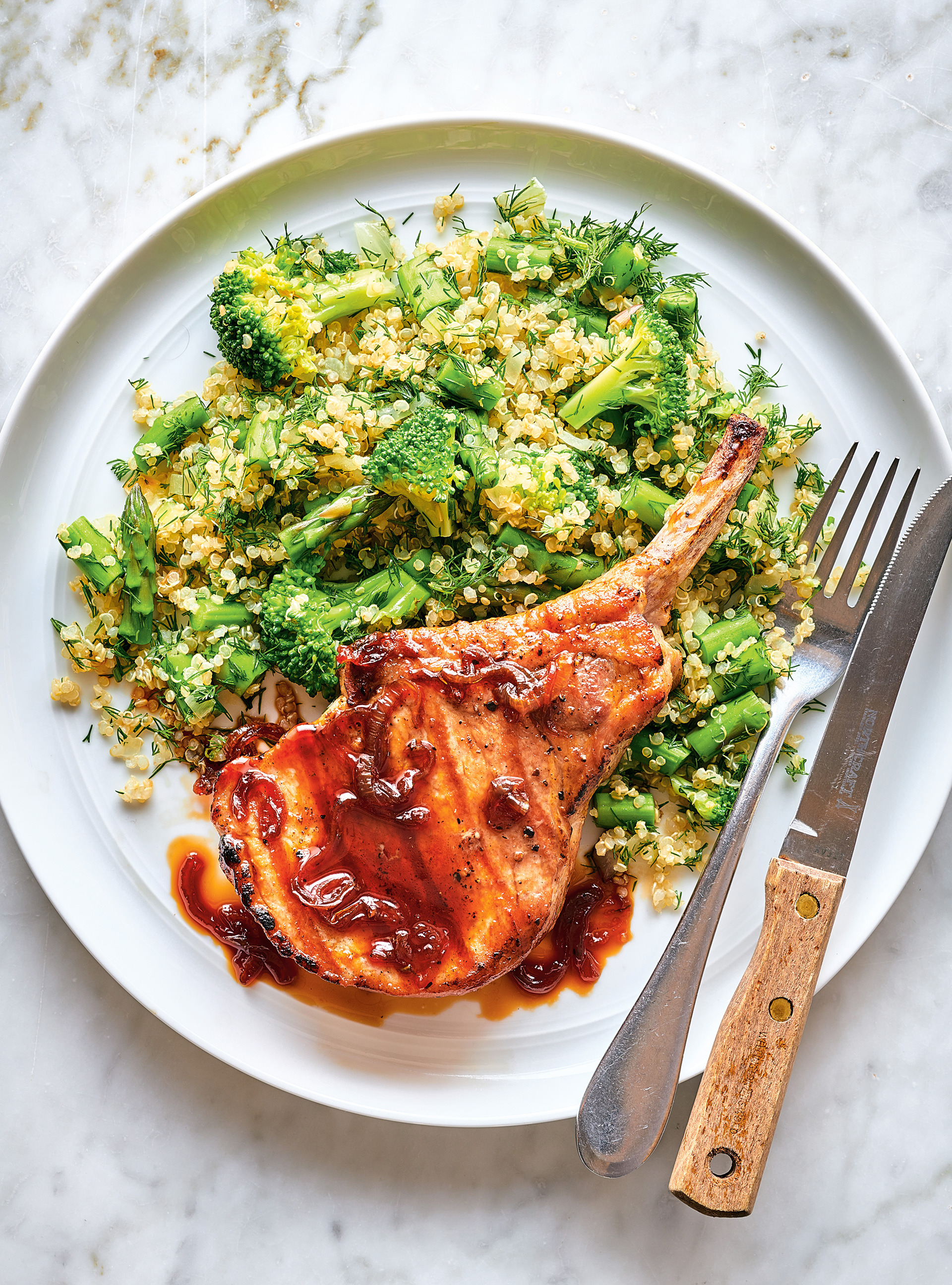 Grilled Pork Chops and Quinoa with Broccoli and Asparagus