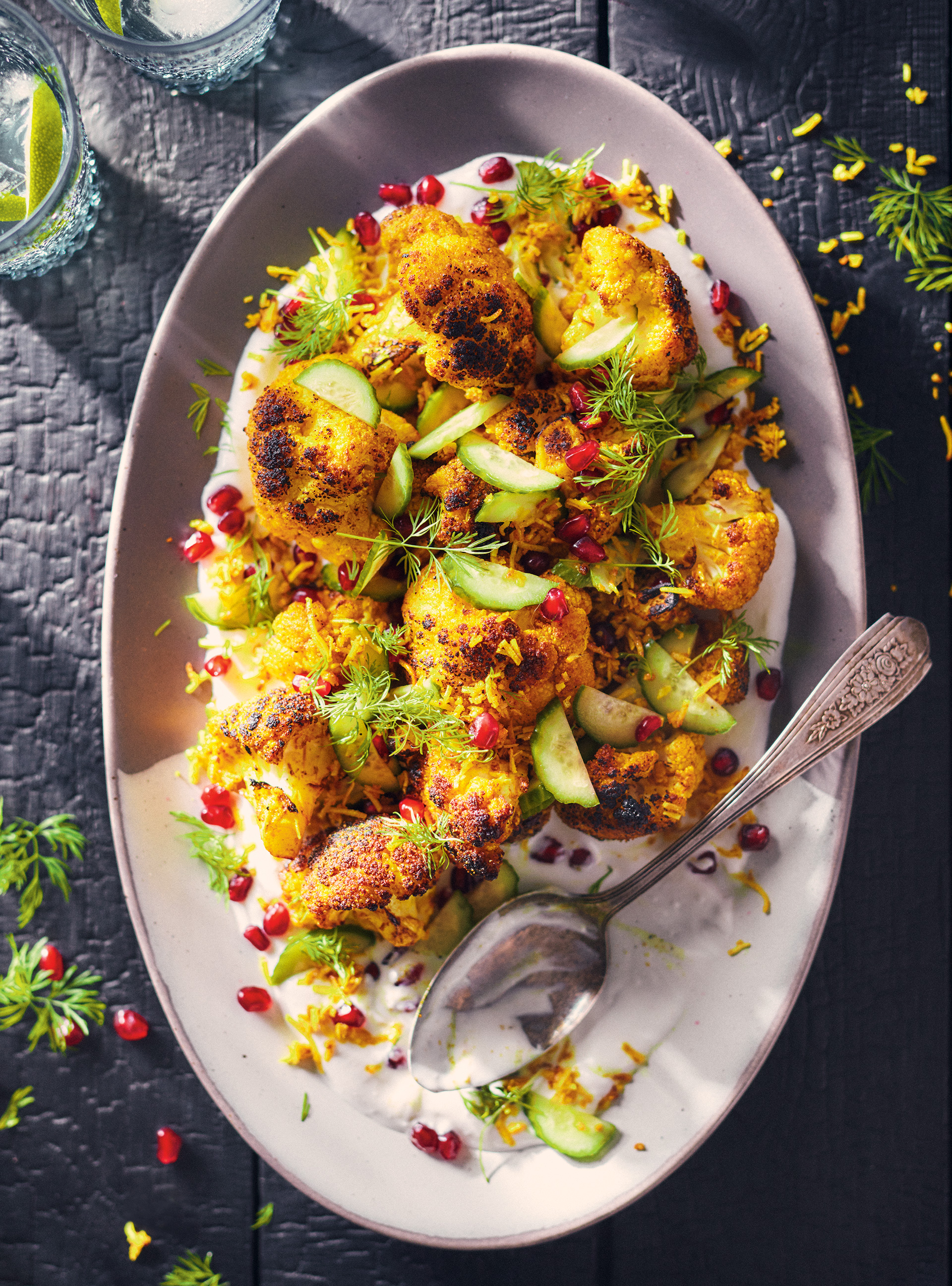Curried Cauliflower on the Grill with Coconut-Pomegranate Topping