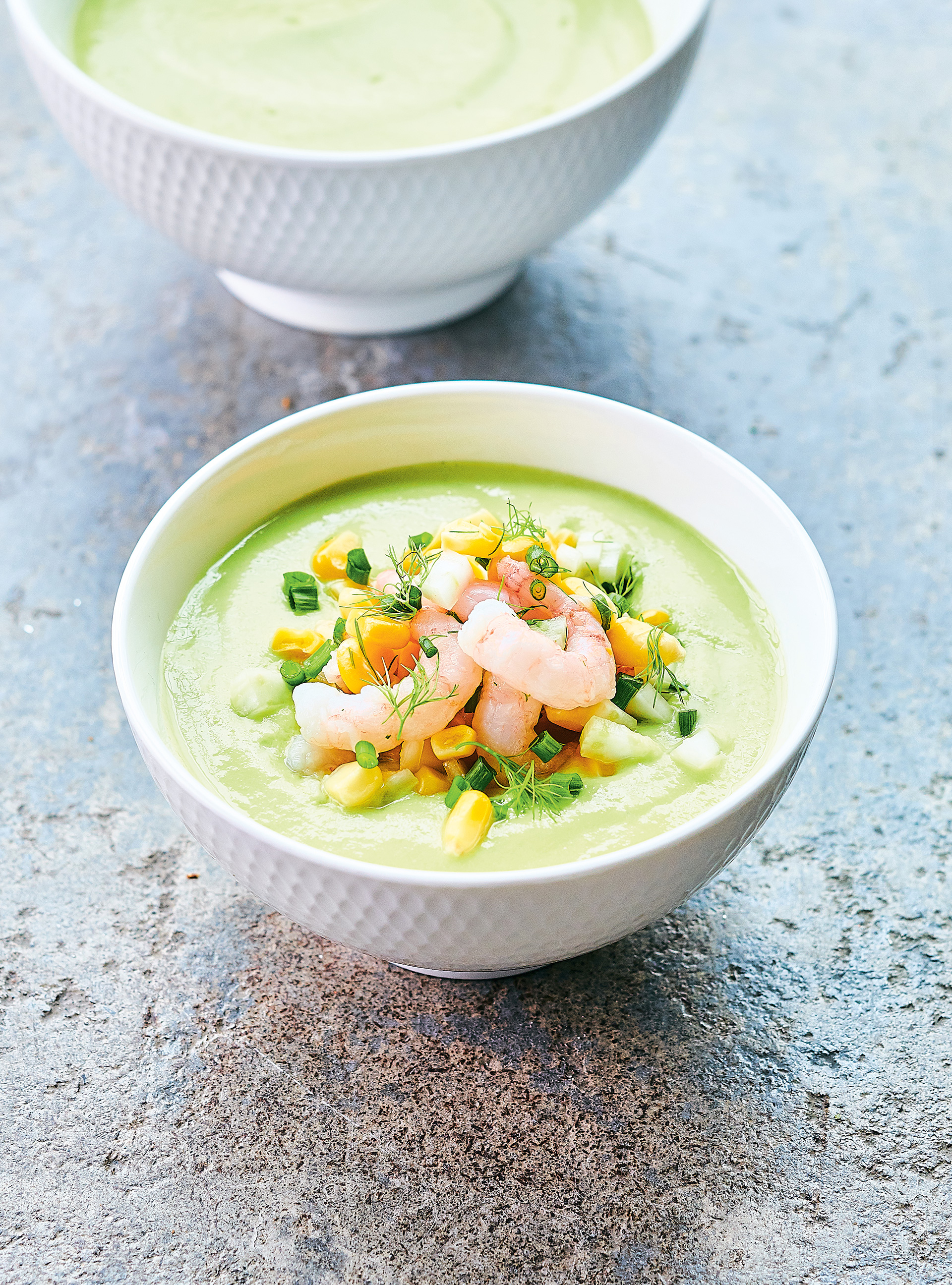 Cold Avocado-Fennel Soup with Nordic Shrimp Salad