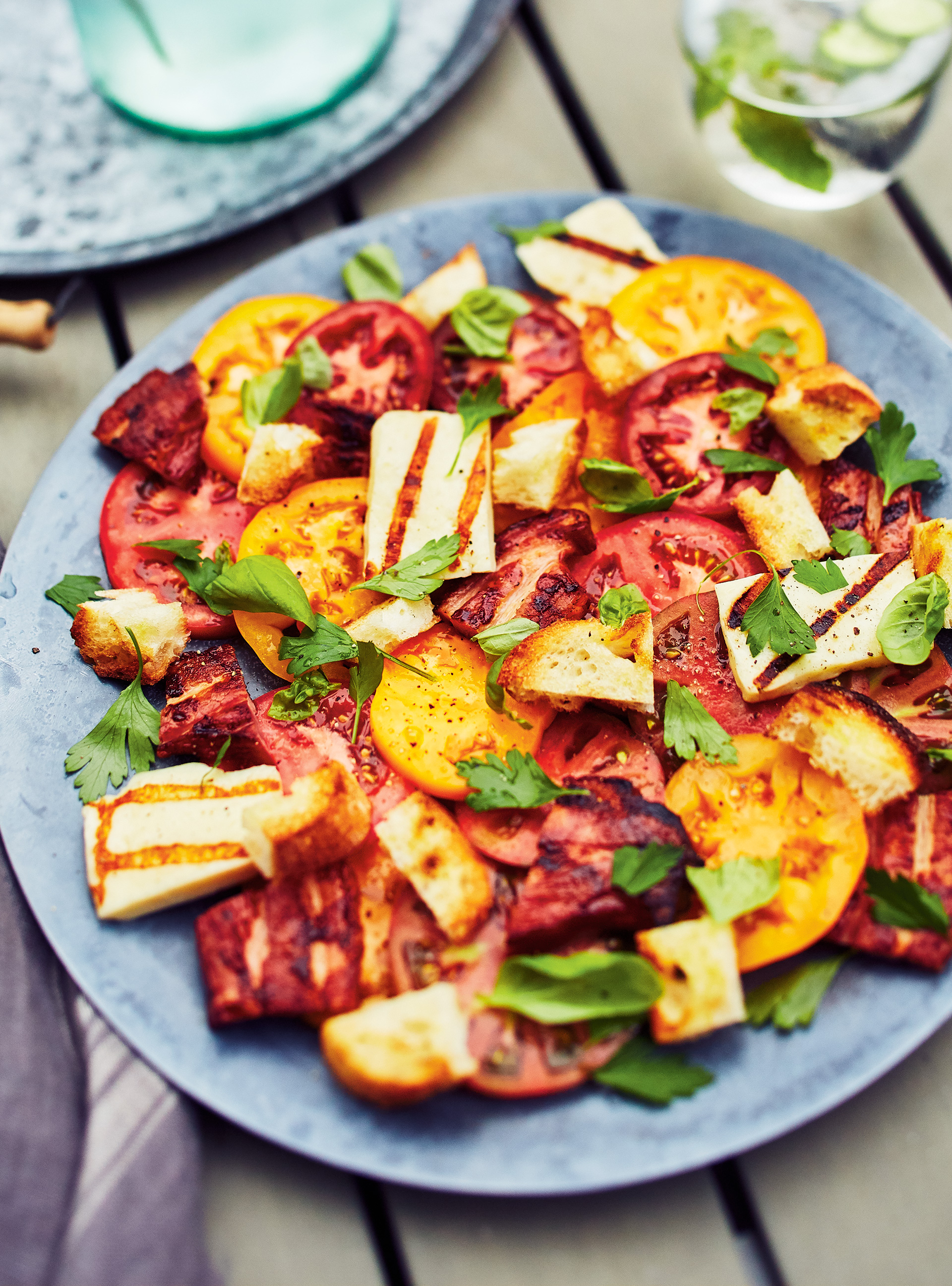 Tomato Salad with Grilled Halloumi Cheese and Bacon