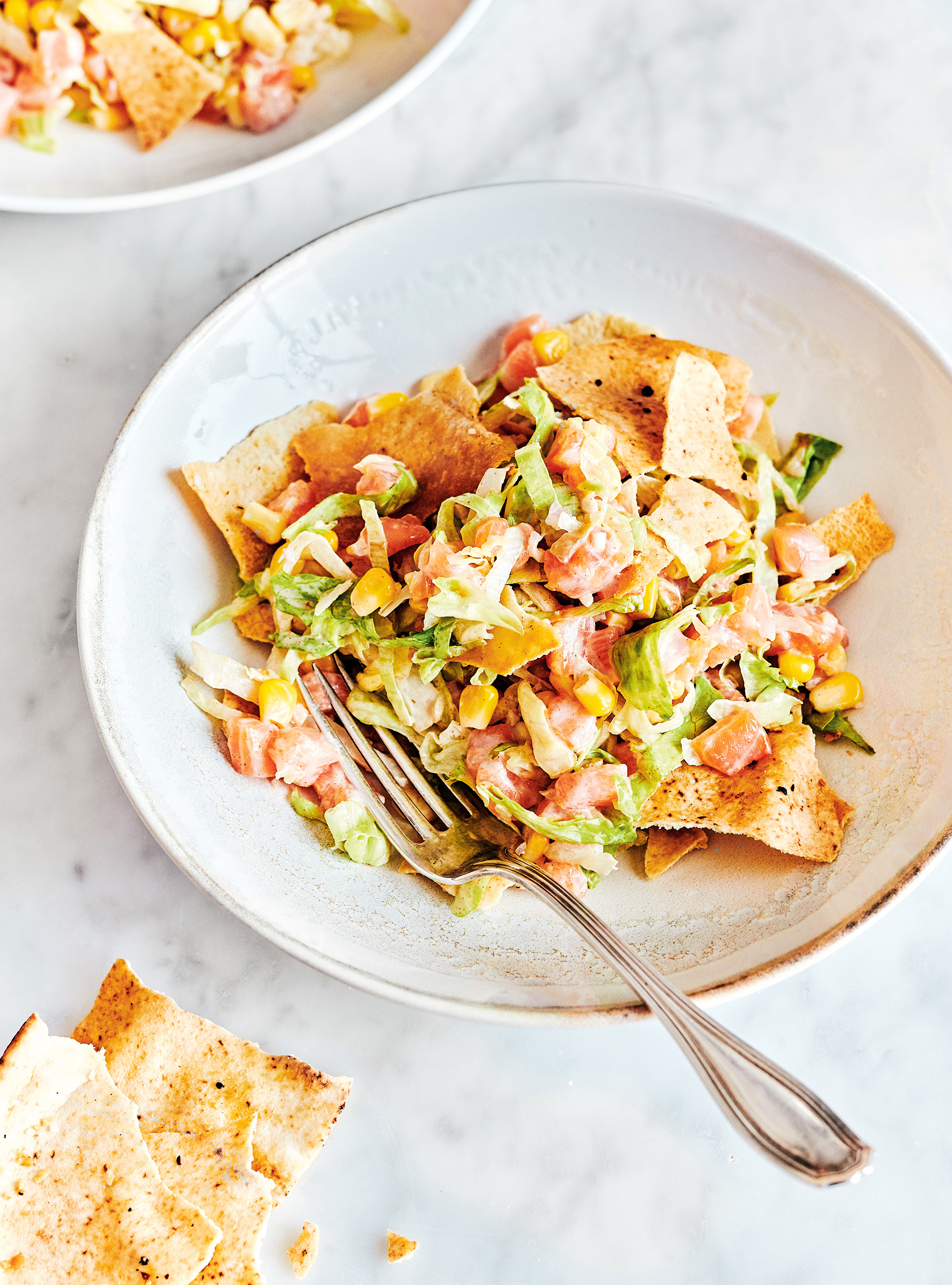 Spicy Salmon Tartare and Corn Salad with Pita Chips