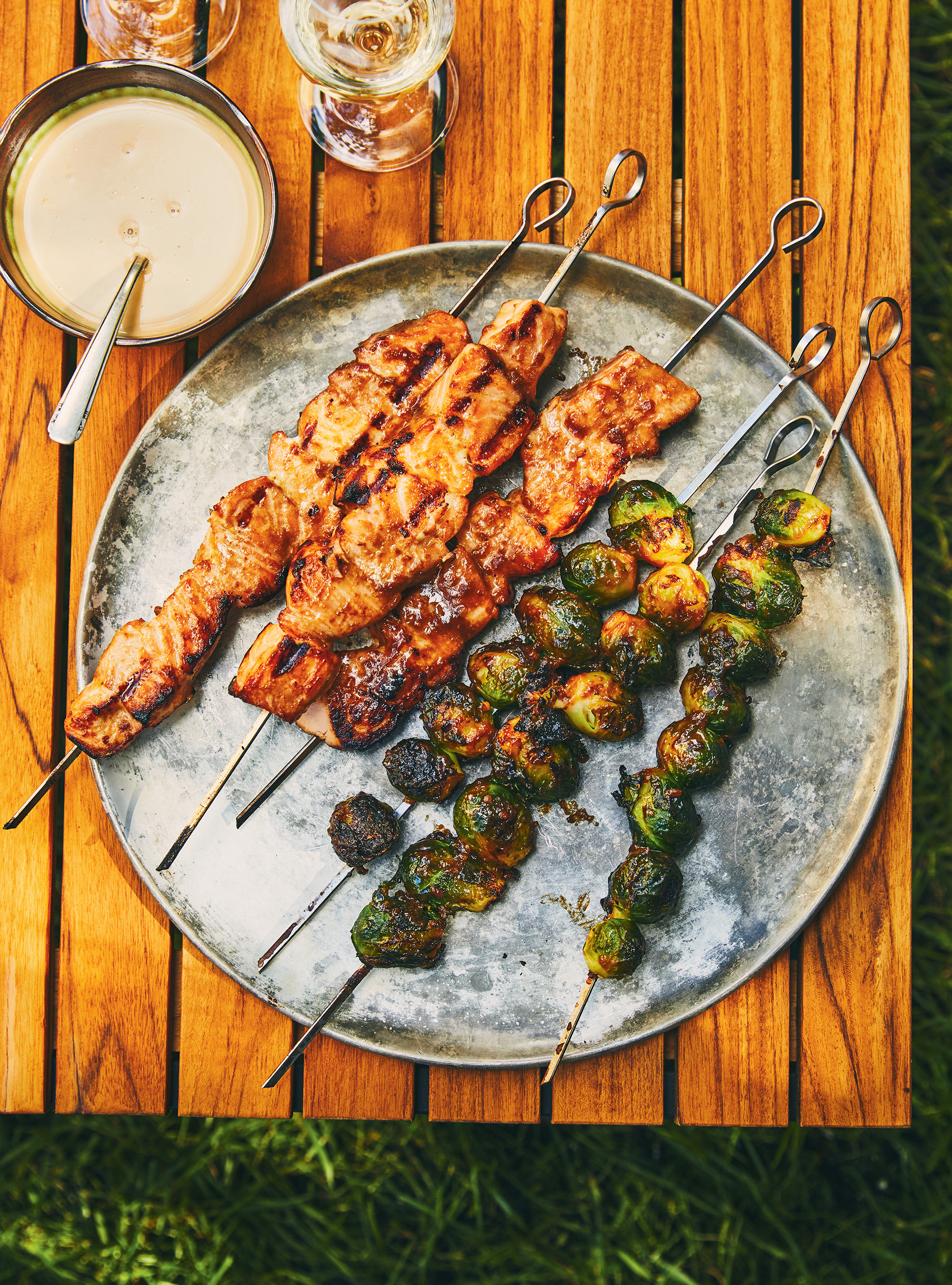 Salmon and Brussels Sprout Skewers with Soy, Miso and Maple Syrup