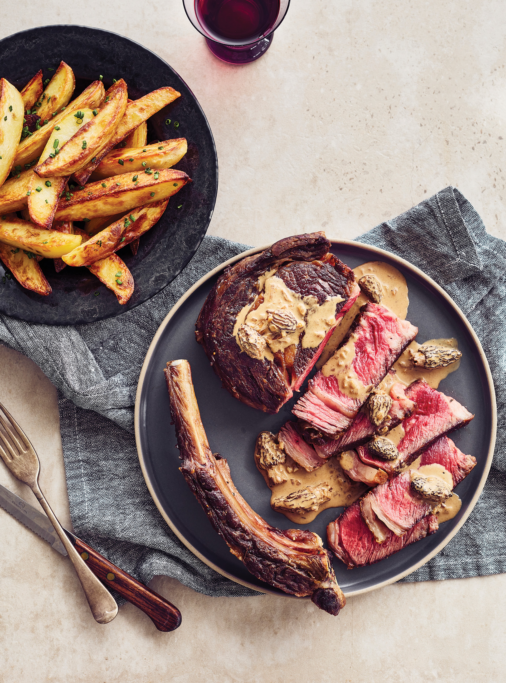 Aged Rib Steak and Oven Fries with Black Garlic-Morel Sauce
