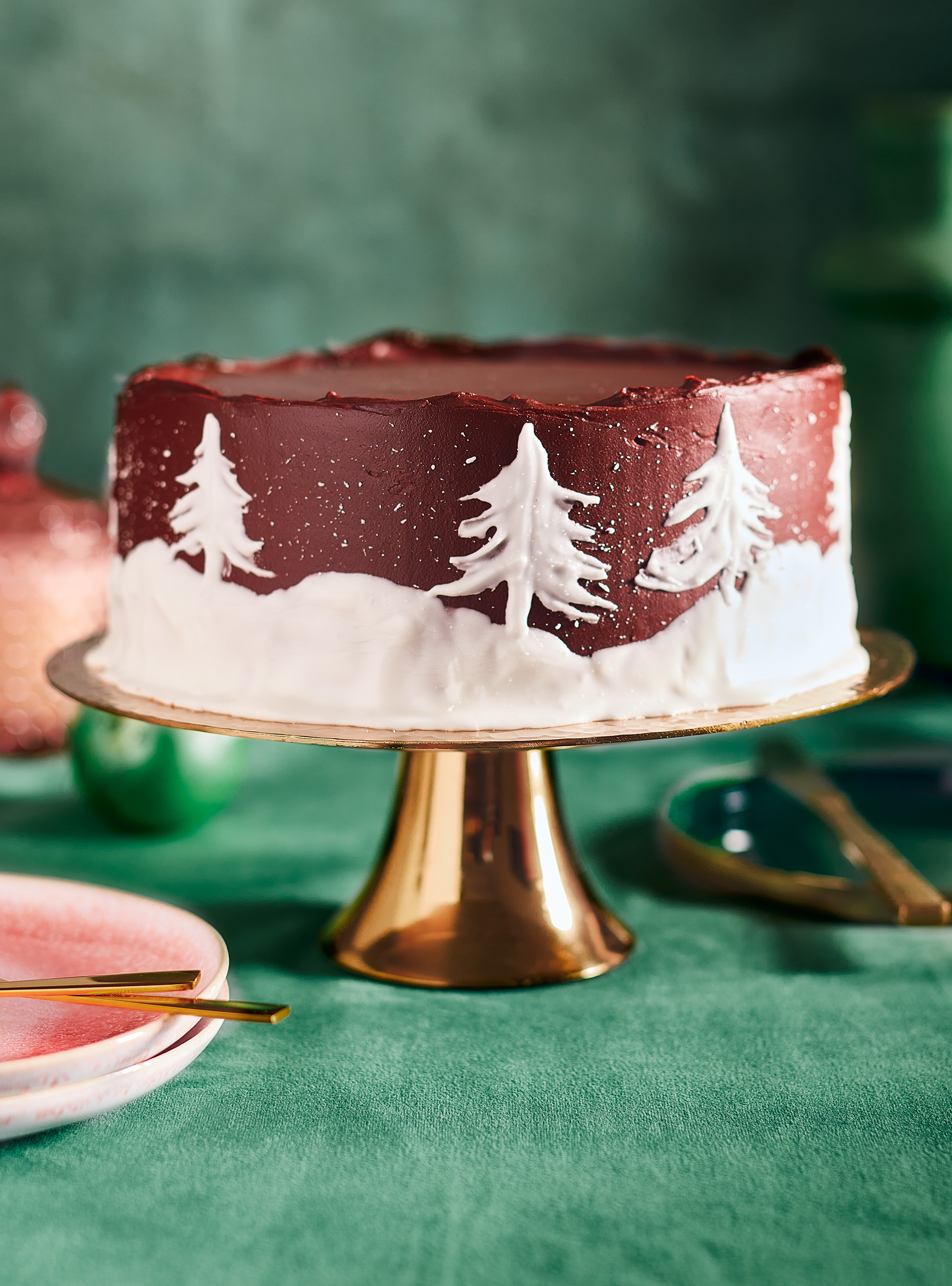 Chocolate Cake with Snowy Pine Trees