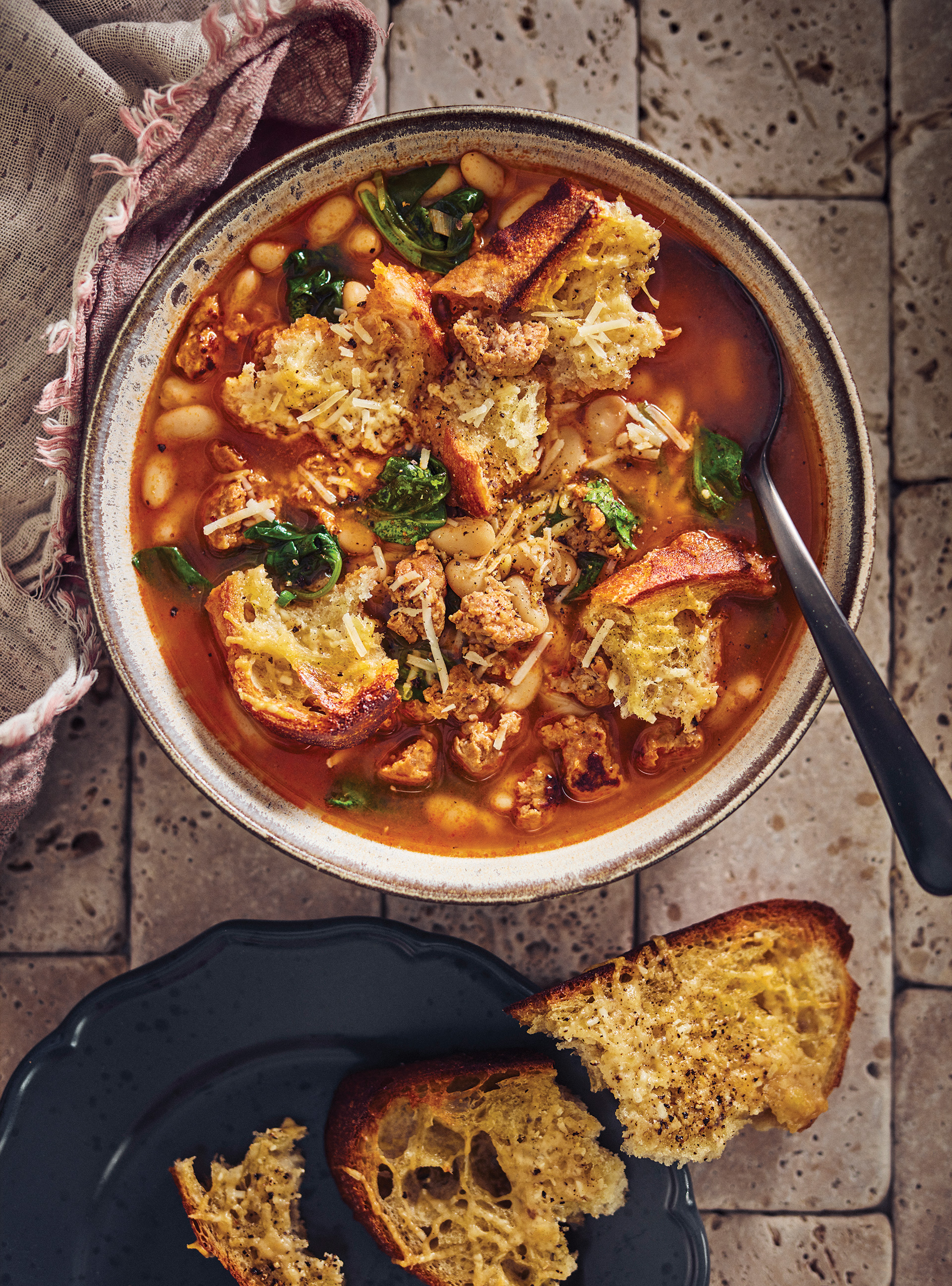 Sausage and White Bean Soup with Parmesan Croutons