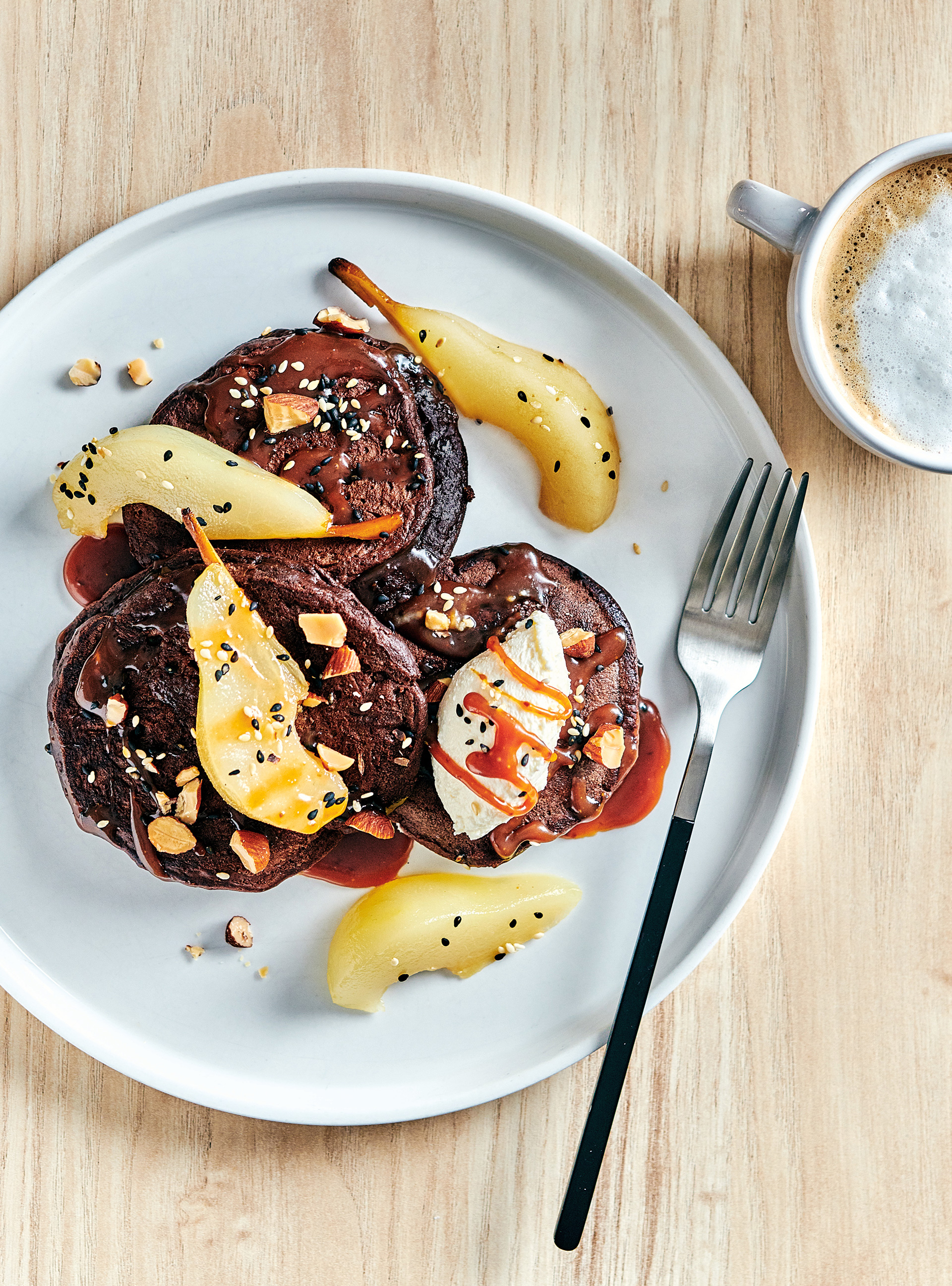 Chocolate Pancakes with Spiced Pears and Miso Caramel