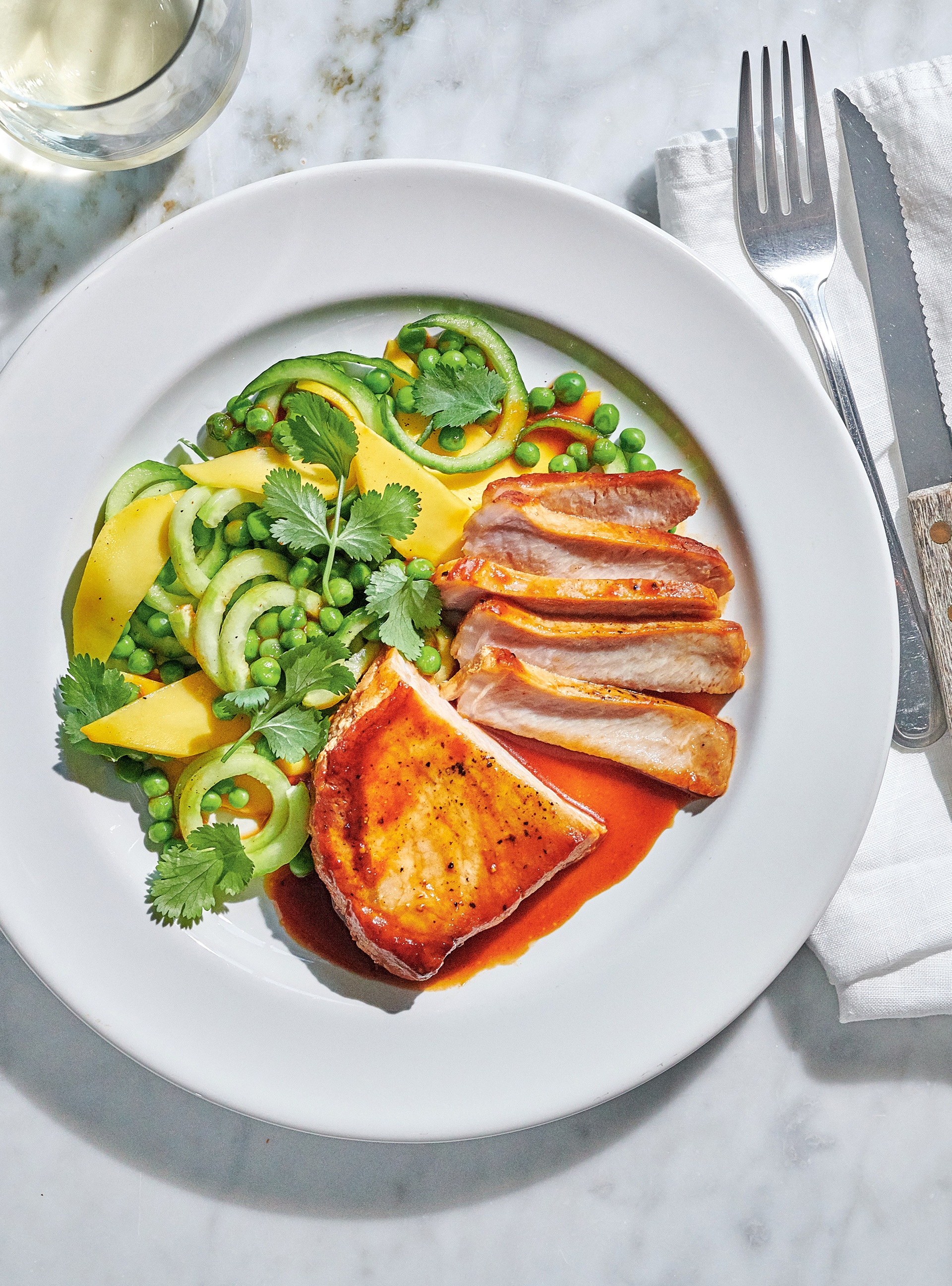 Sweet and Sour Pork Chops with Peas, Cucumber and Mango