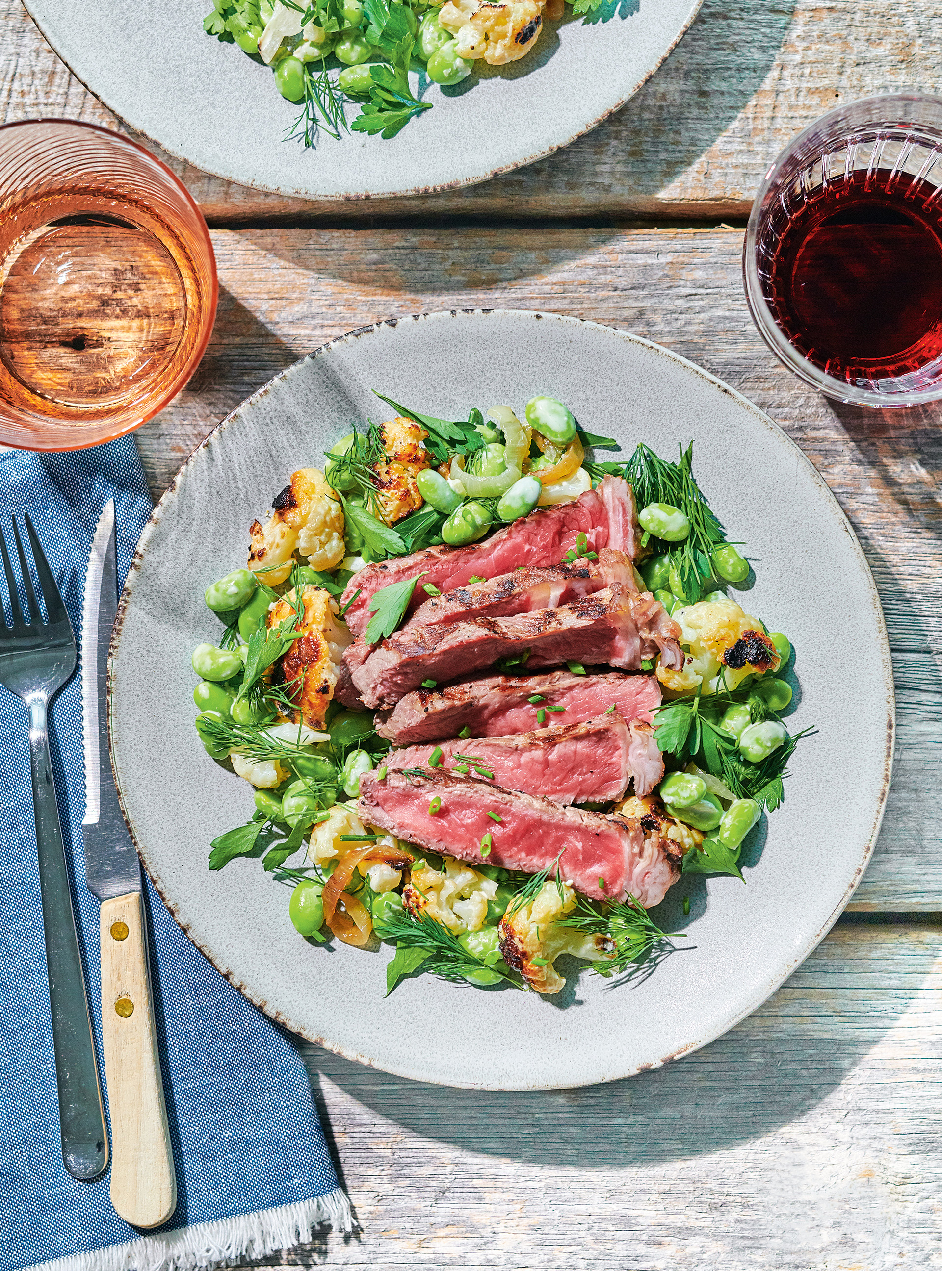 Beef Striploin Steaks and Grilled Cauliflower Salad with Horseradish