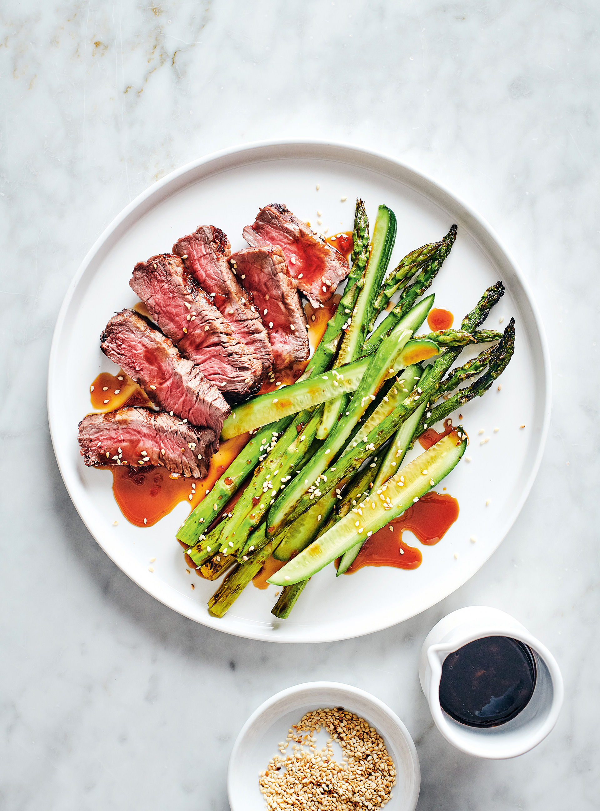 Steaks with Grilled Asparagus and Tamari Dressing