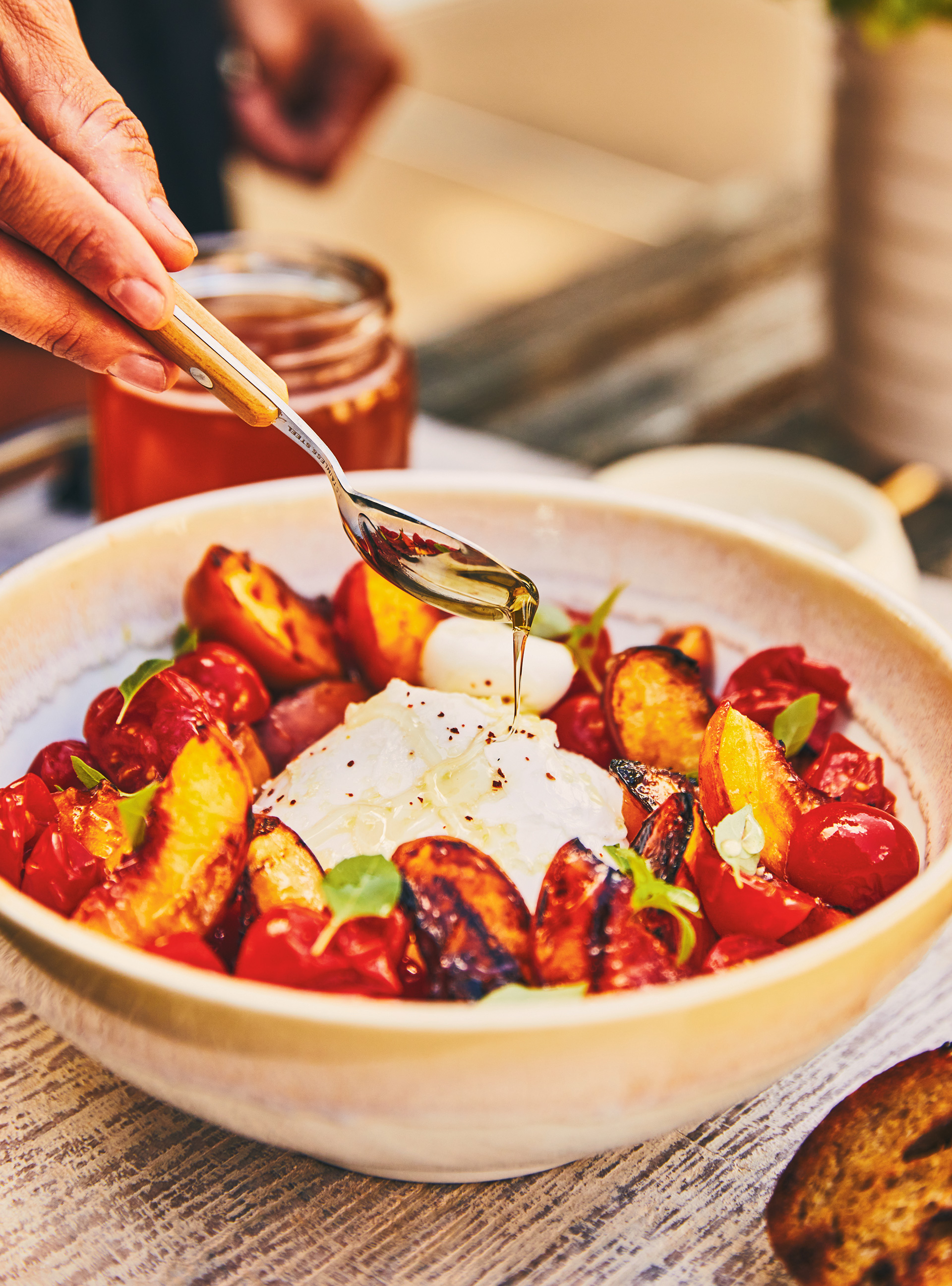 Burrata with Grilled Peaches and Confit Tomatoes