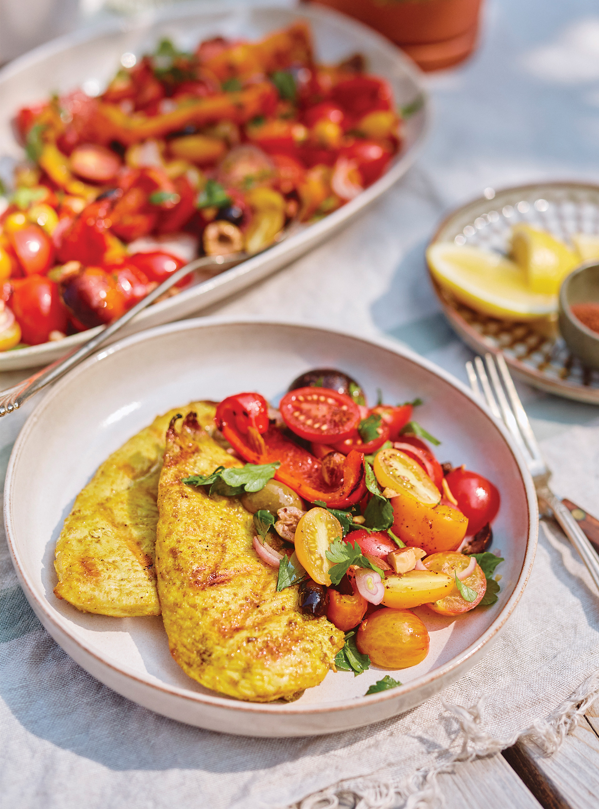 Grilled Chicken with Tomato, Grilled Pepper and Olive Salad