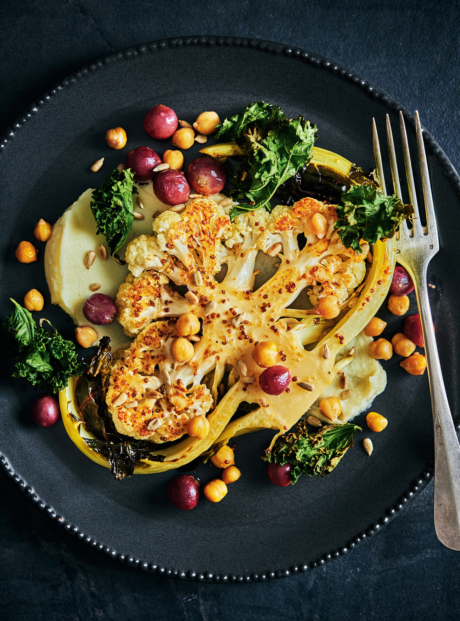 Cauliflower Steaks with Chickpeas, Grapes and Kale