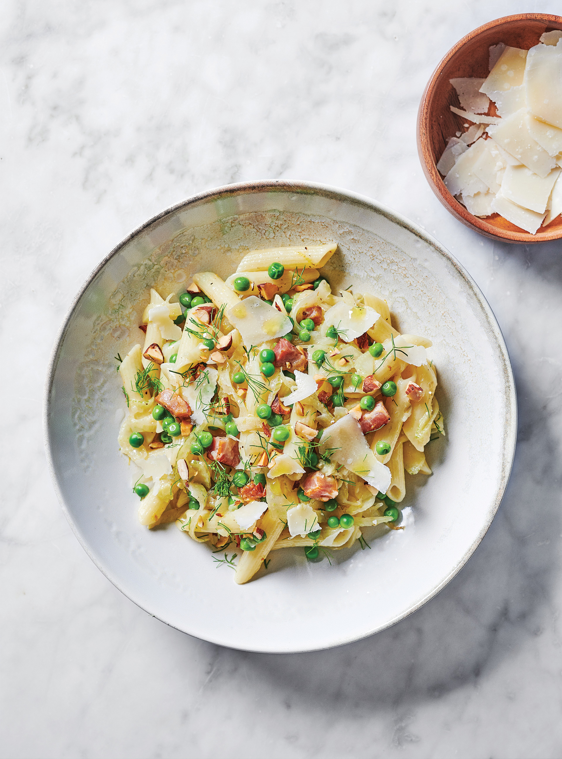 Penne with Pancetta, Peas and Almonds