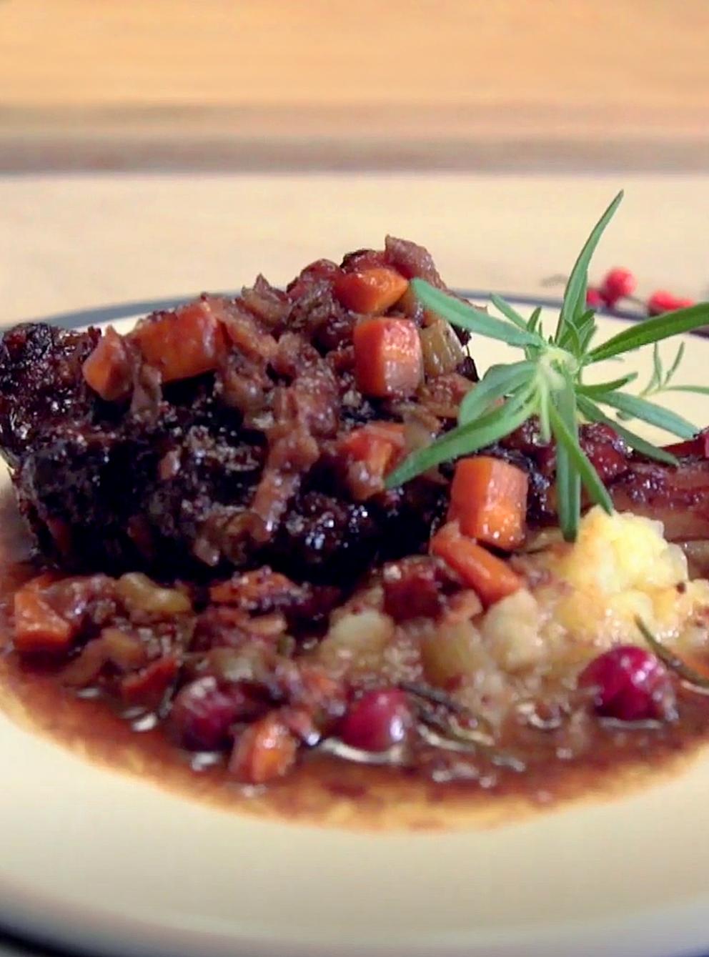 Lamb Shanks with Cranberries, Rosemary, Garlic Mashed Potatoes and