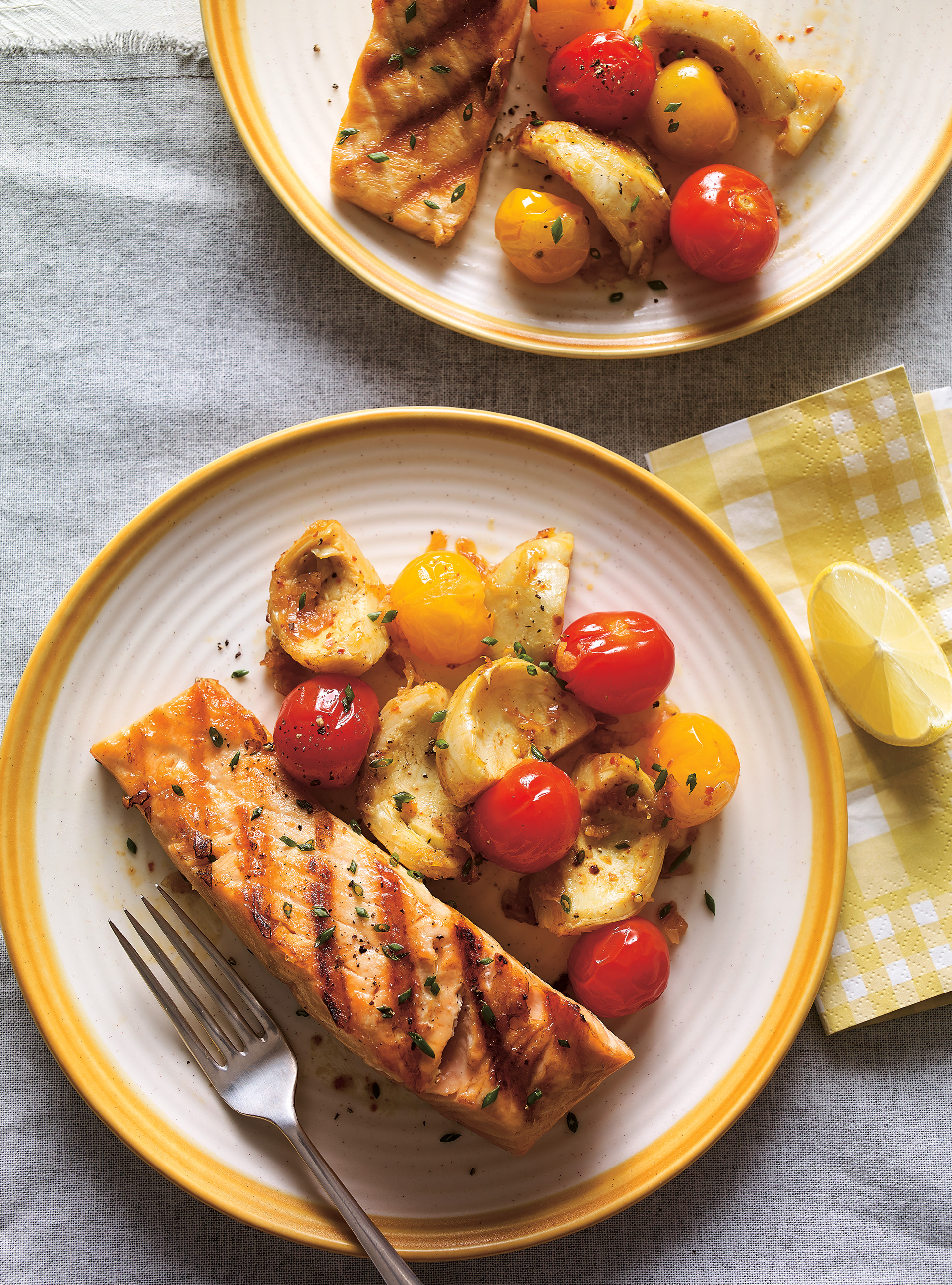 Grilled Salmon with Tomato Confit and Artichokes