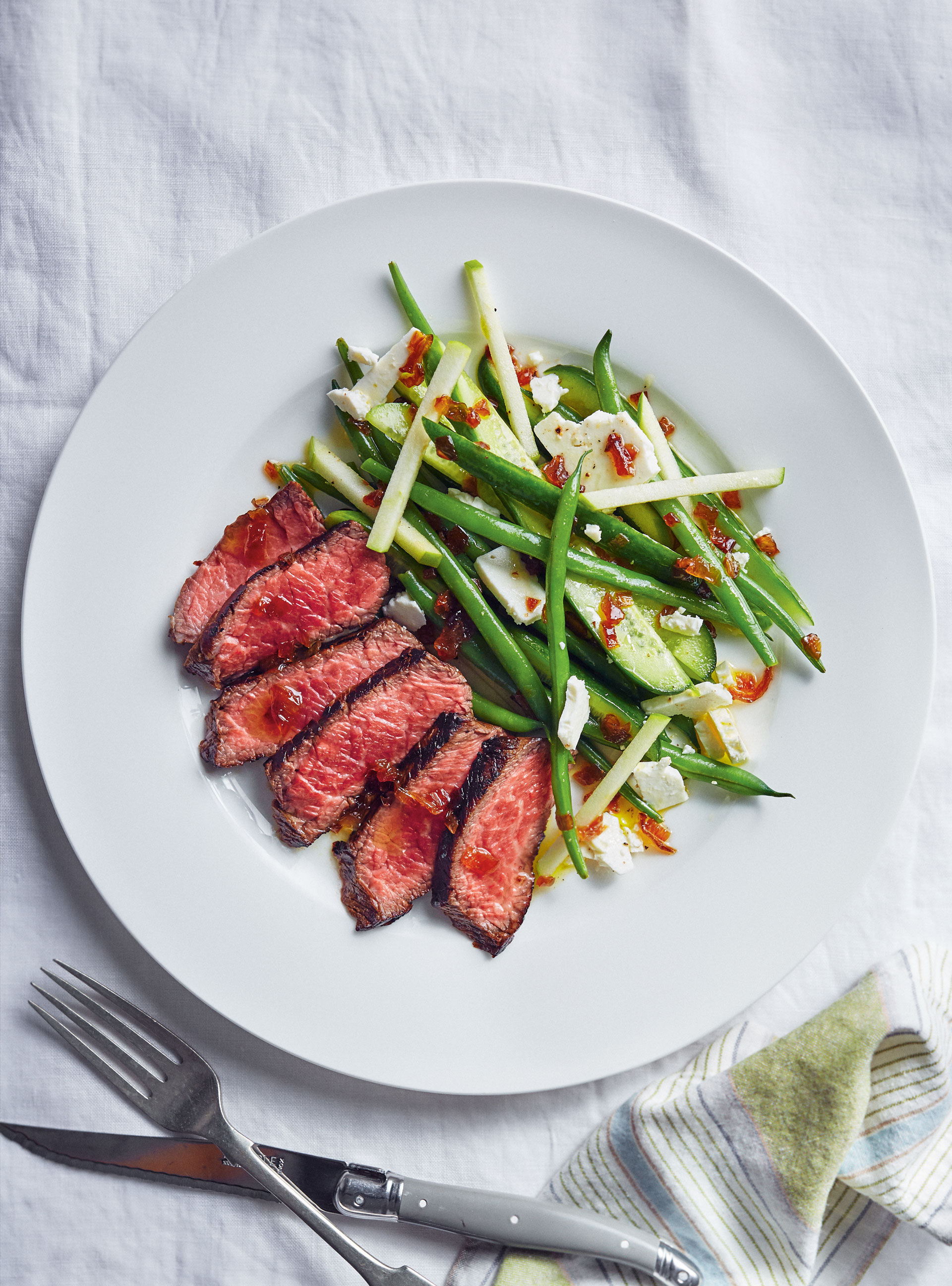 Grilled Beef with Green Bean Salad and Onion Dressing