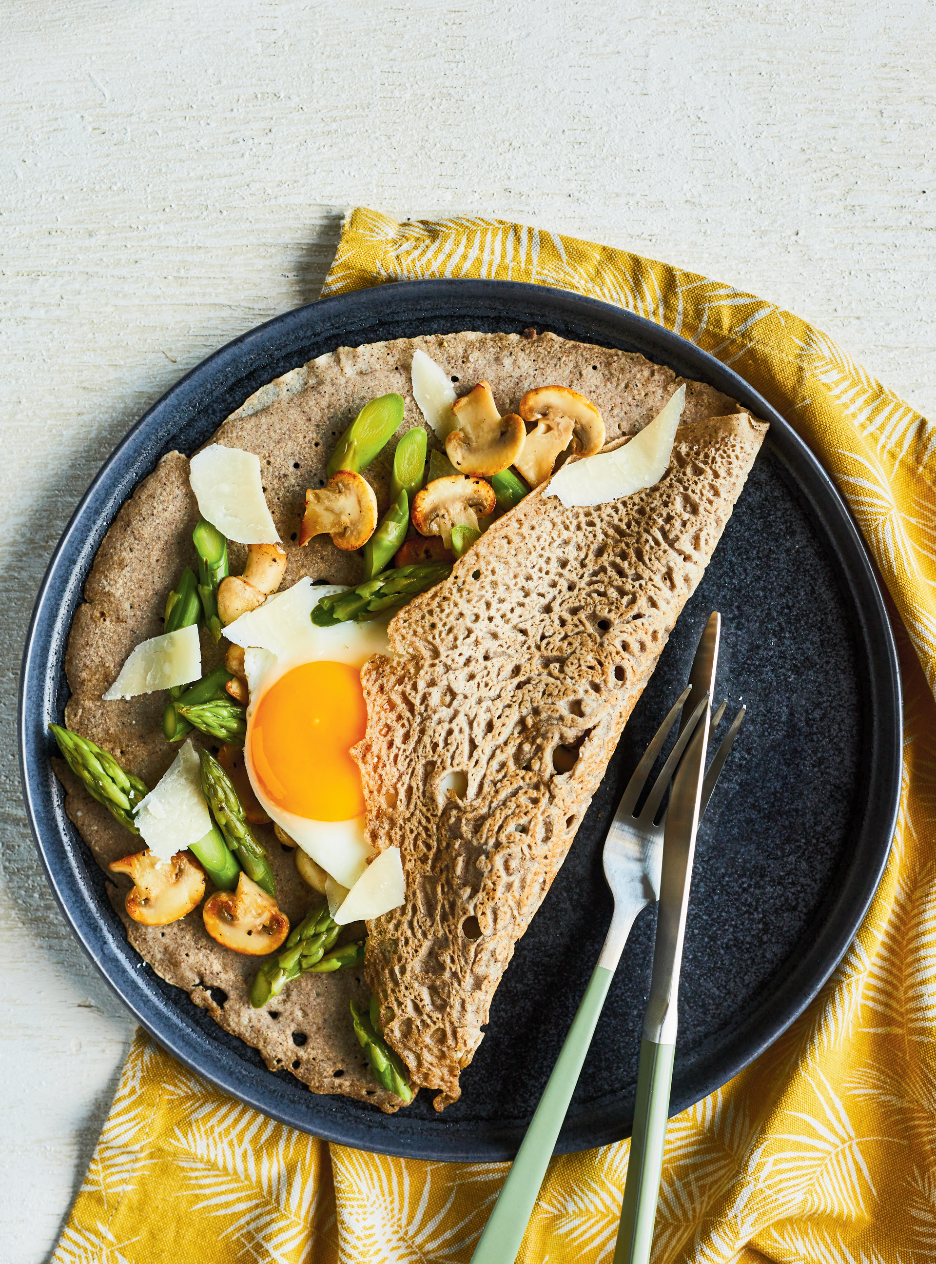Gluten-Free Buckwheat Crepes with Mushrooms and Asparagus
