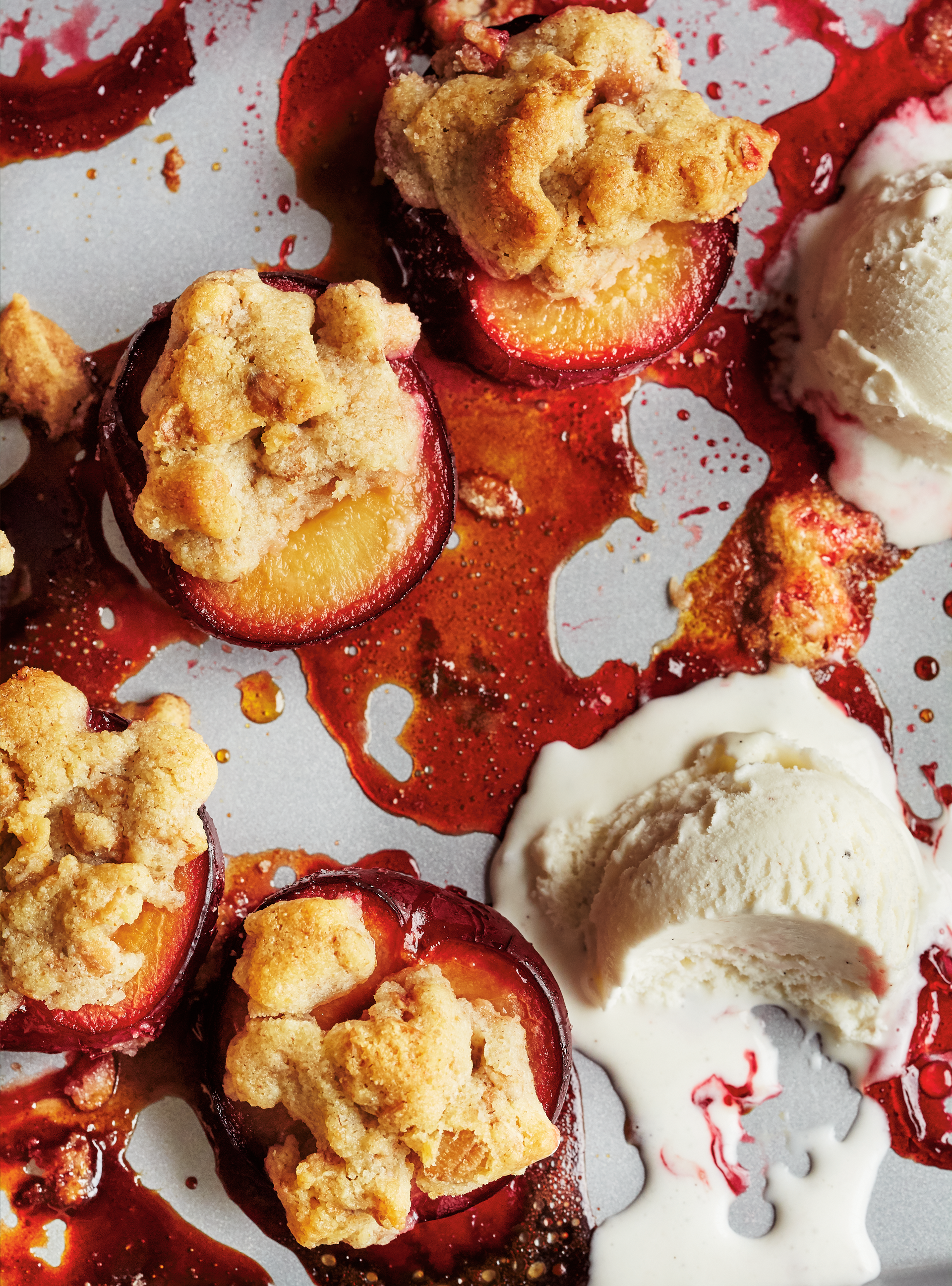 Roasted Plums with Almond-Spelt Crumble