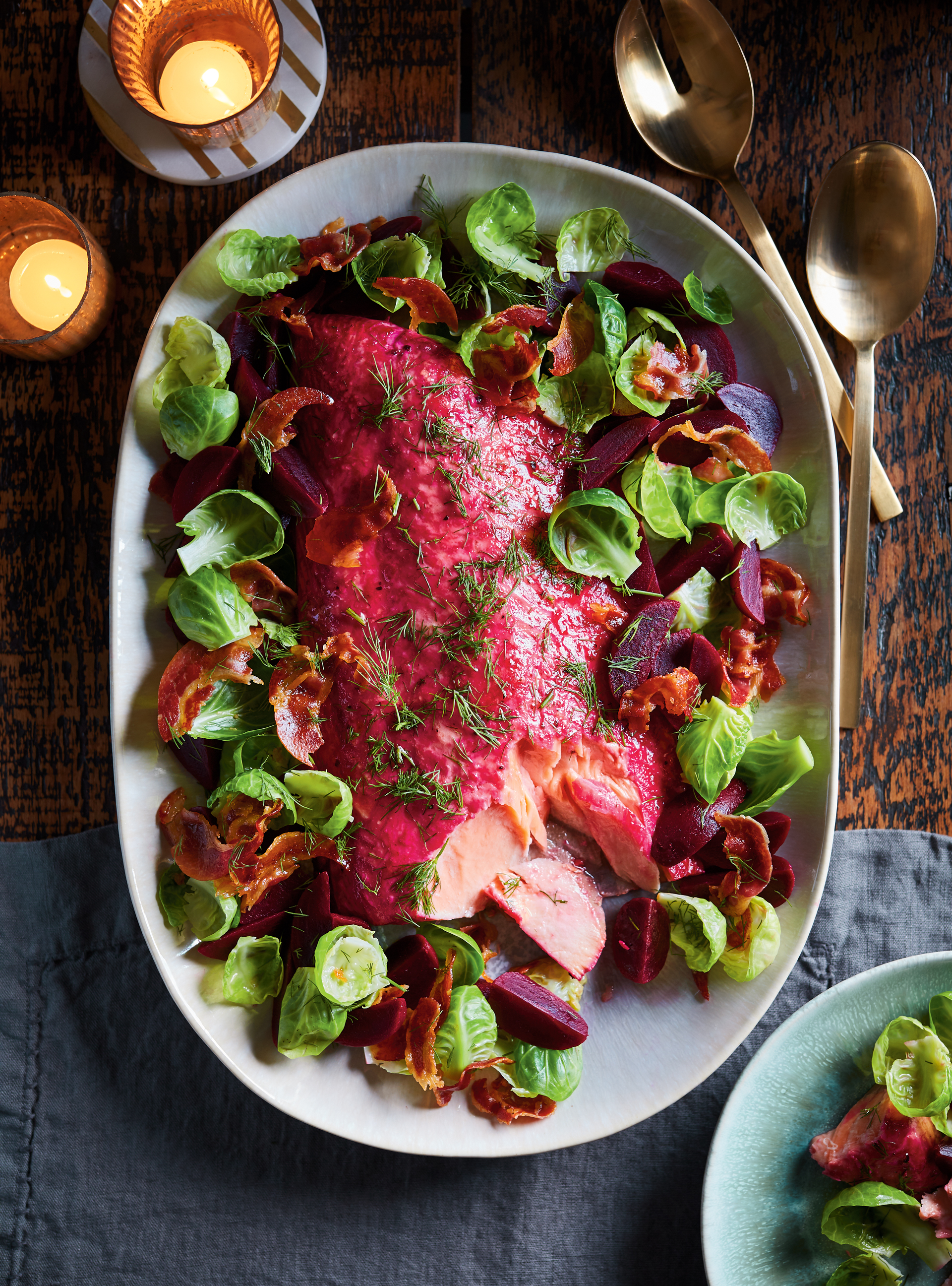 Baked Salmon with Beets, Brussels Sprouts and Pancetta