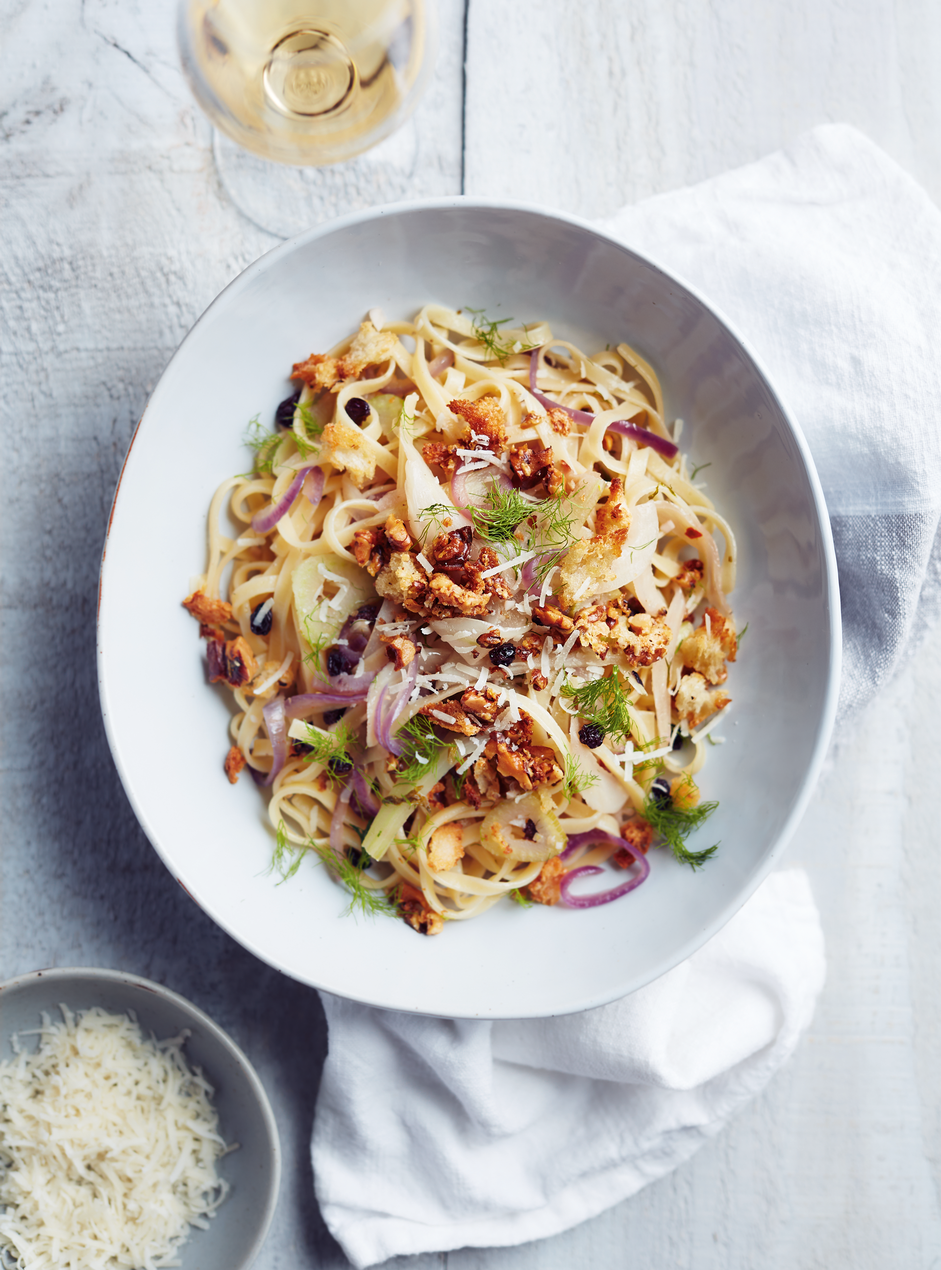 Tagliatelle with Fennel, Dried Currants and Parmesan Croutons