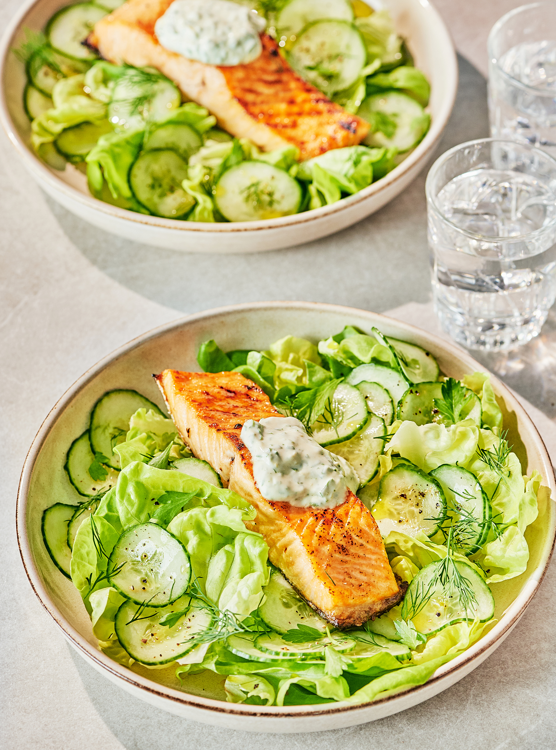 Grilled Salmon with Salad and Herbed Yogurt