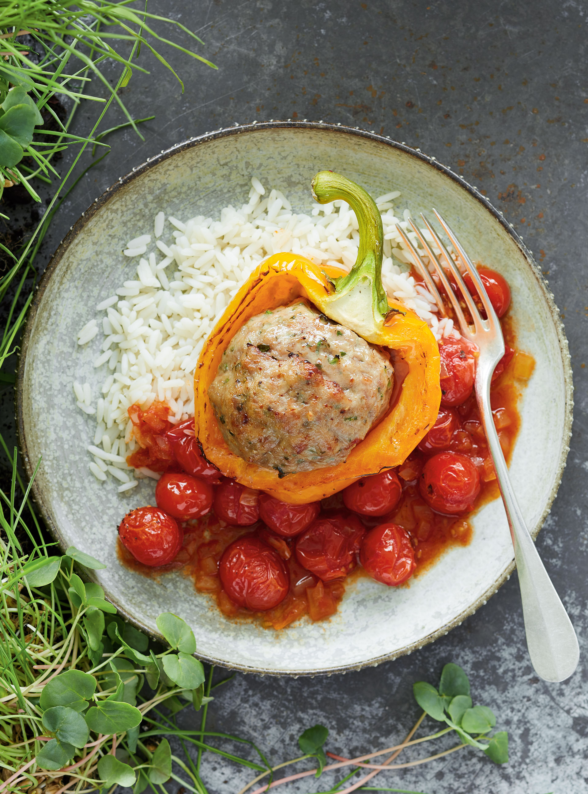 Veal-Stuffed Bell Peppers in Cherry Tomato Sauce