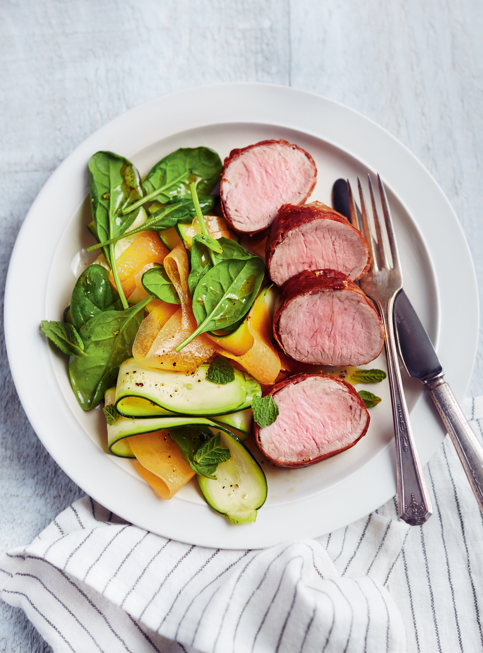 Pork and Prosciutto Medallions with Zucchini-Mint Salad