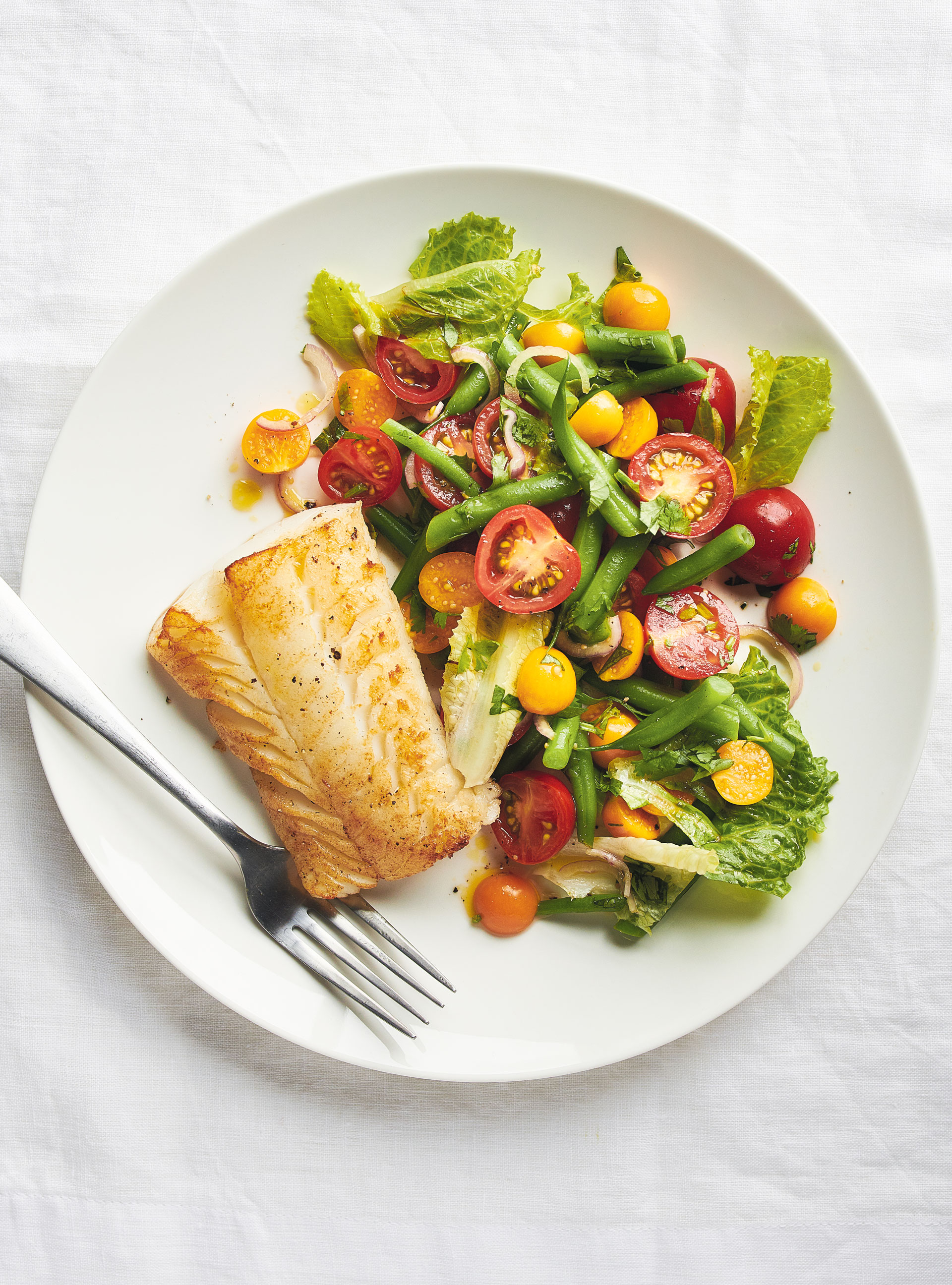 Vegetable and Ground Cherry Salad with Roasted Fish