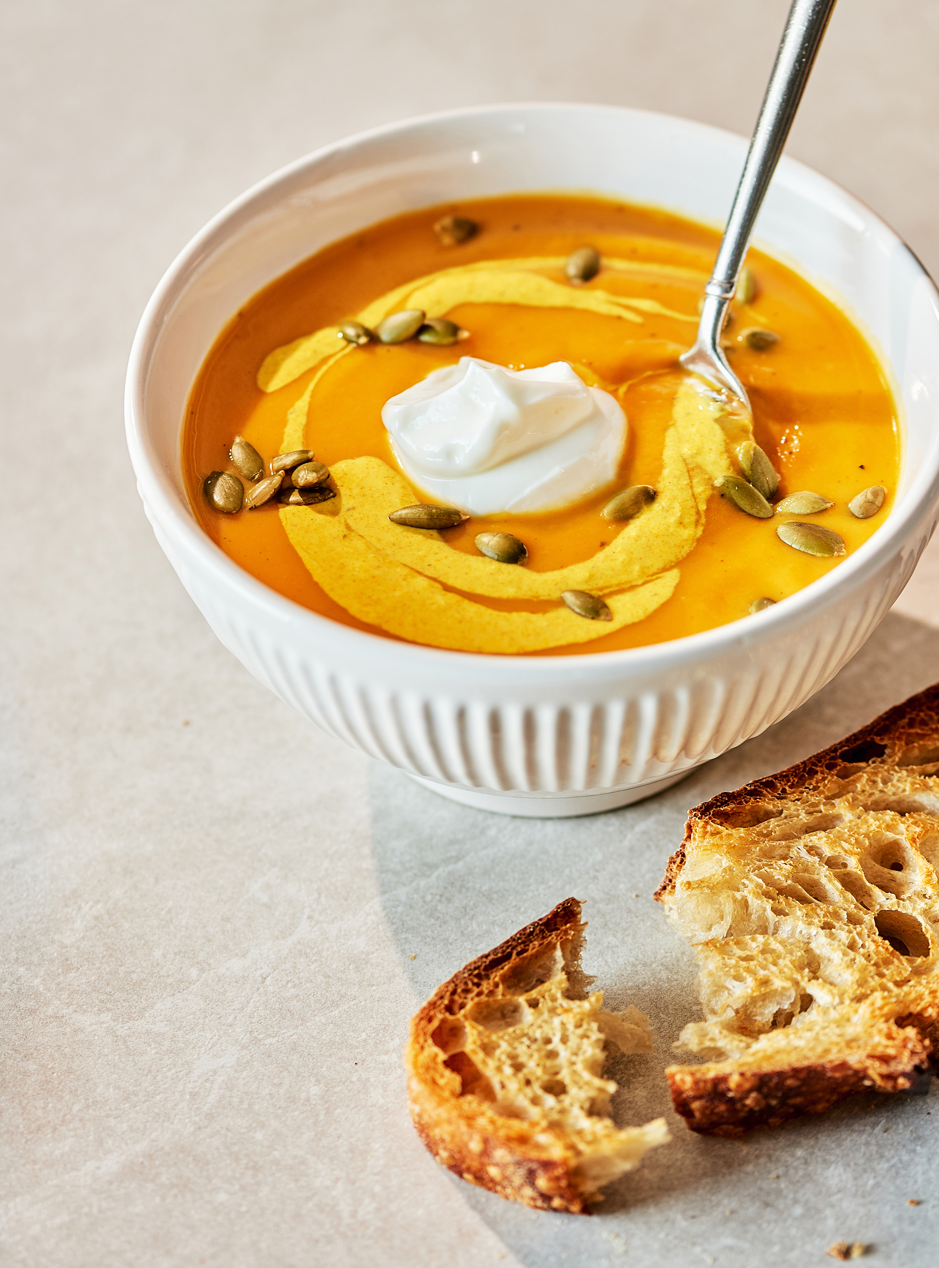 Cream of Sweet Potato Soup with Ginger-Turmeric Yogurt