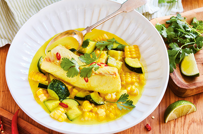 Cod and Corn in Spicy Curry Broth