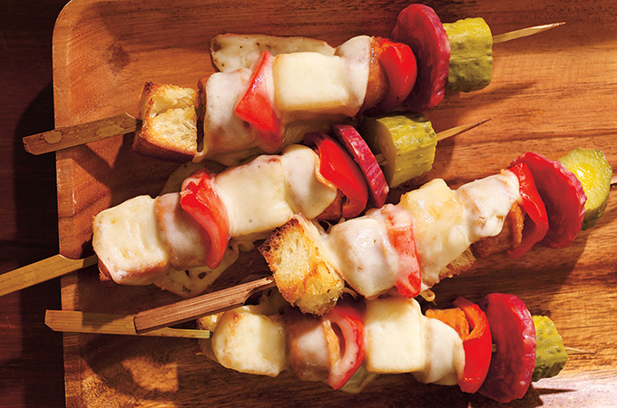 Raclette-Style Bread, Pickle and Dried Sausage Skewers