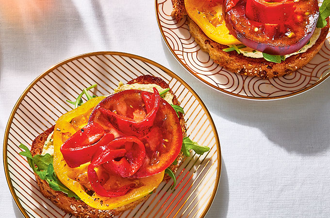 Open-Faced Sandwiches with Cashew Spread, Tomatoes and Grilled Peppers