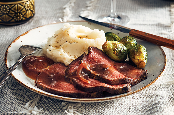 Spiced Roast Beef with Brussels Sprouts and Red Wine Sauce