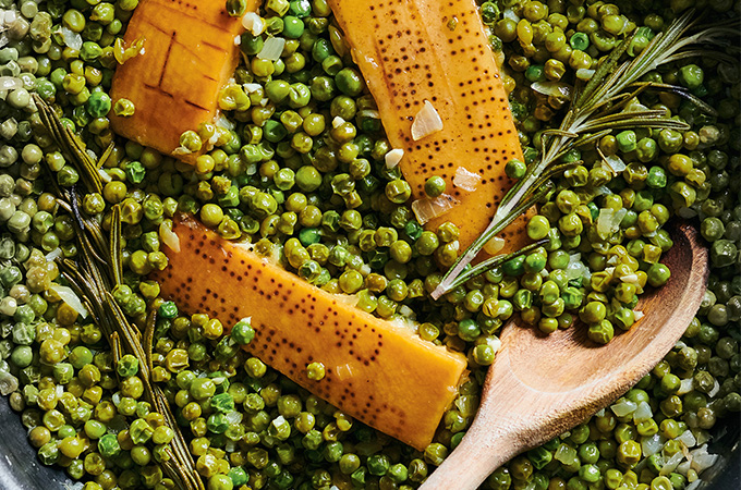 Green Peas Braised in Olive Oil, Parmesan and Rosemary