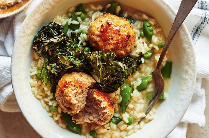 Risotto with Pork Meatballs and Sugar Snap Peas