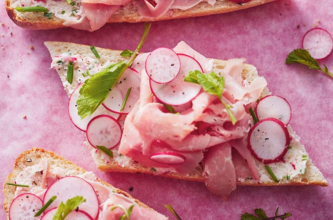 Open-Faced Sandwiches with Radish Butter and Ham
